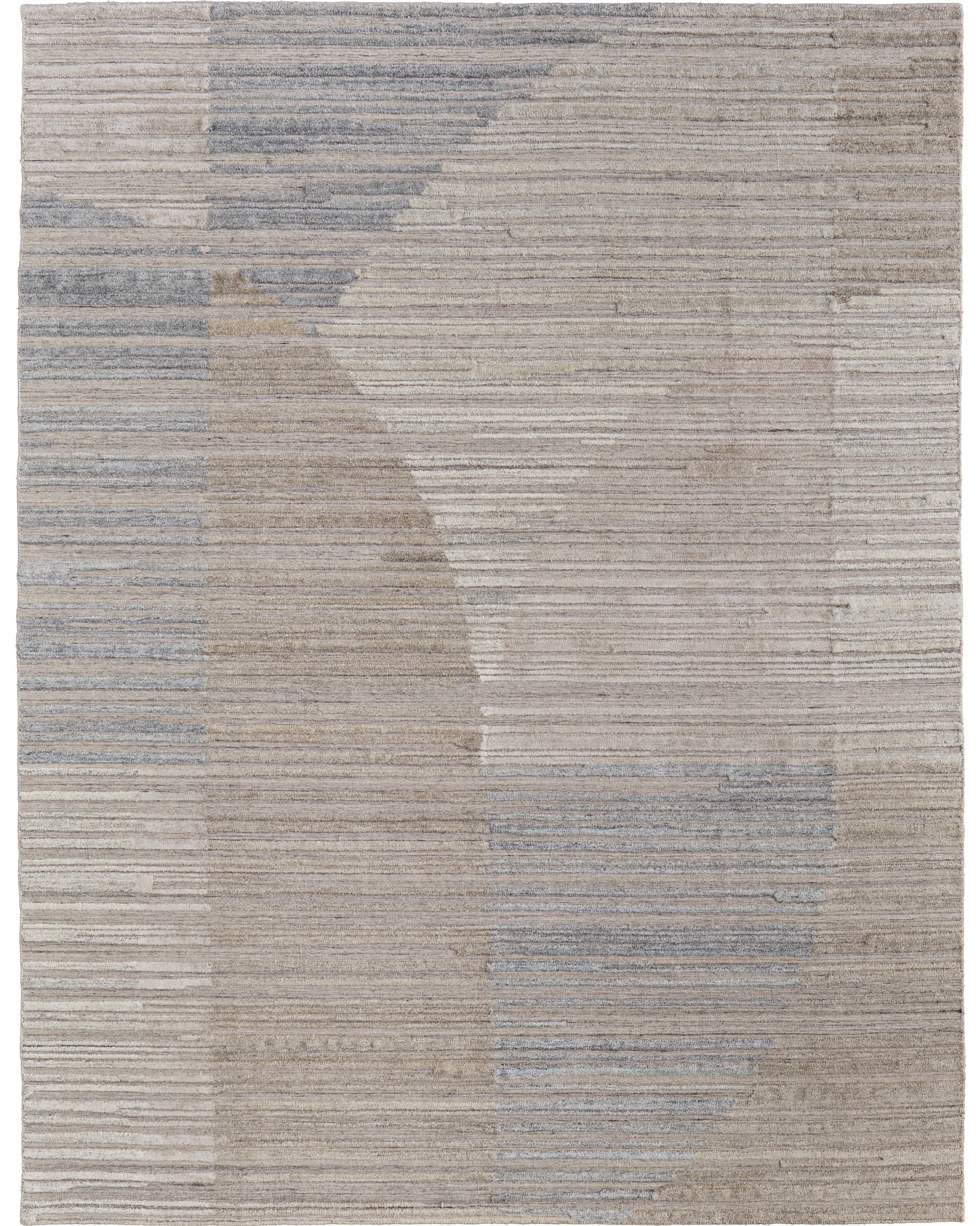 Taupe and blue-grey handwoven wool and bamboo silk rug with a fine striated stripe pattern, shown in a living room setting.