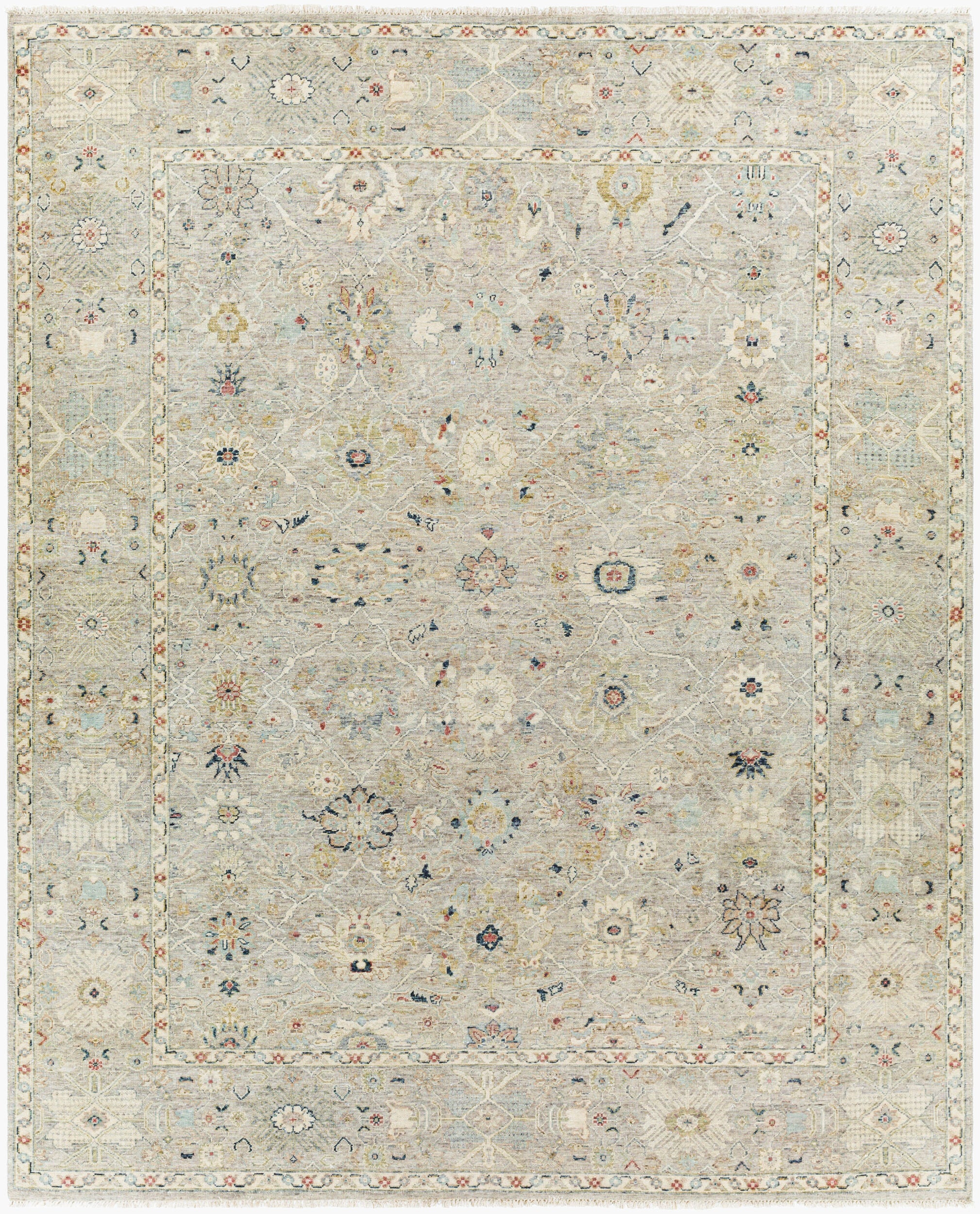 Hand-knotted fog gray wool rug with allover floral pattern, multiple sizes available.