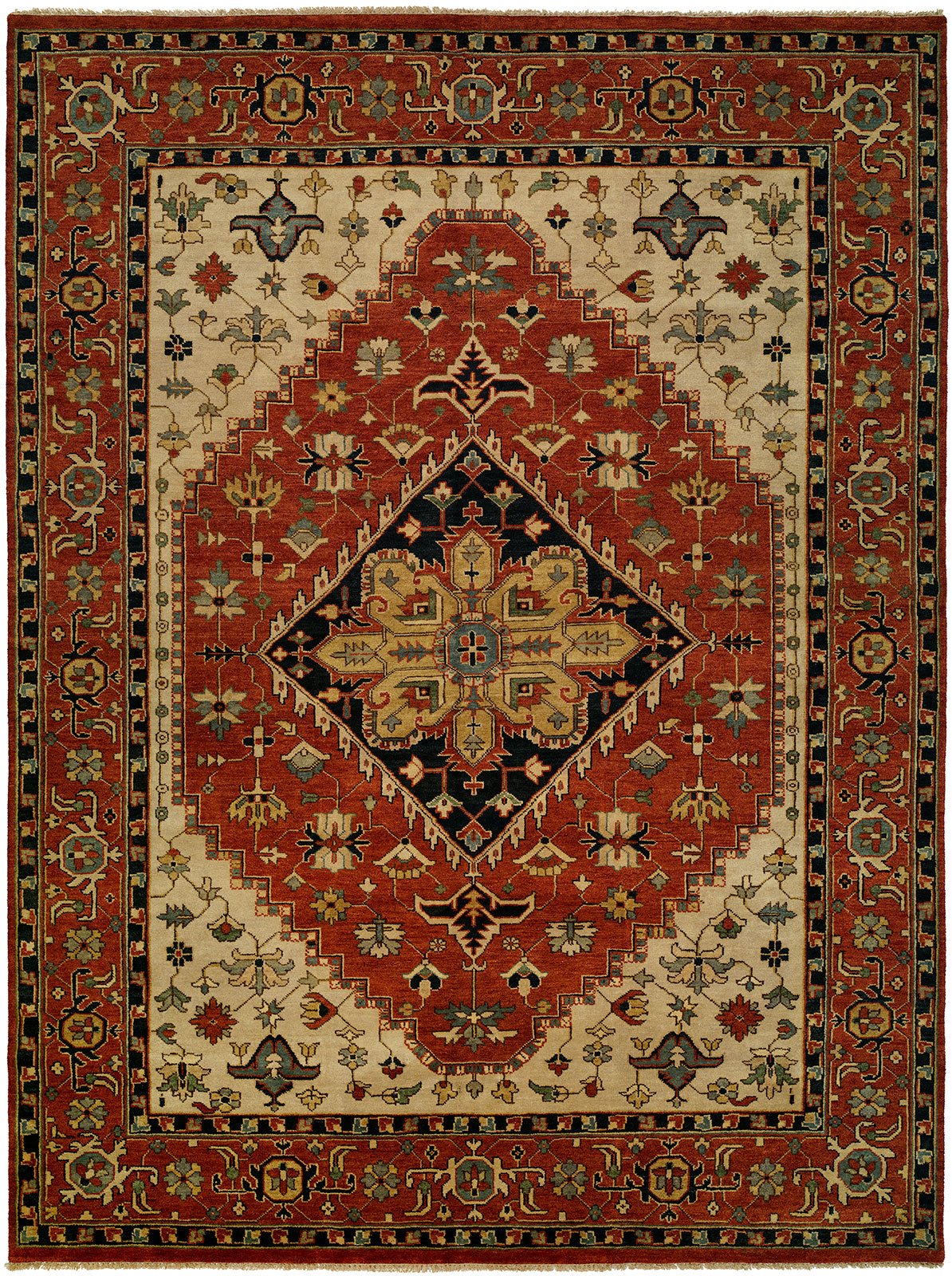 Brick red hand-knotted wool Heriz design rug with black medallion, 8' x 10'