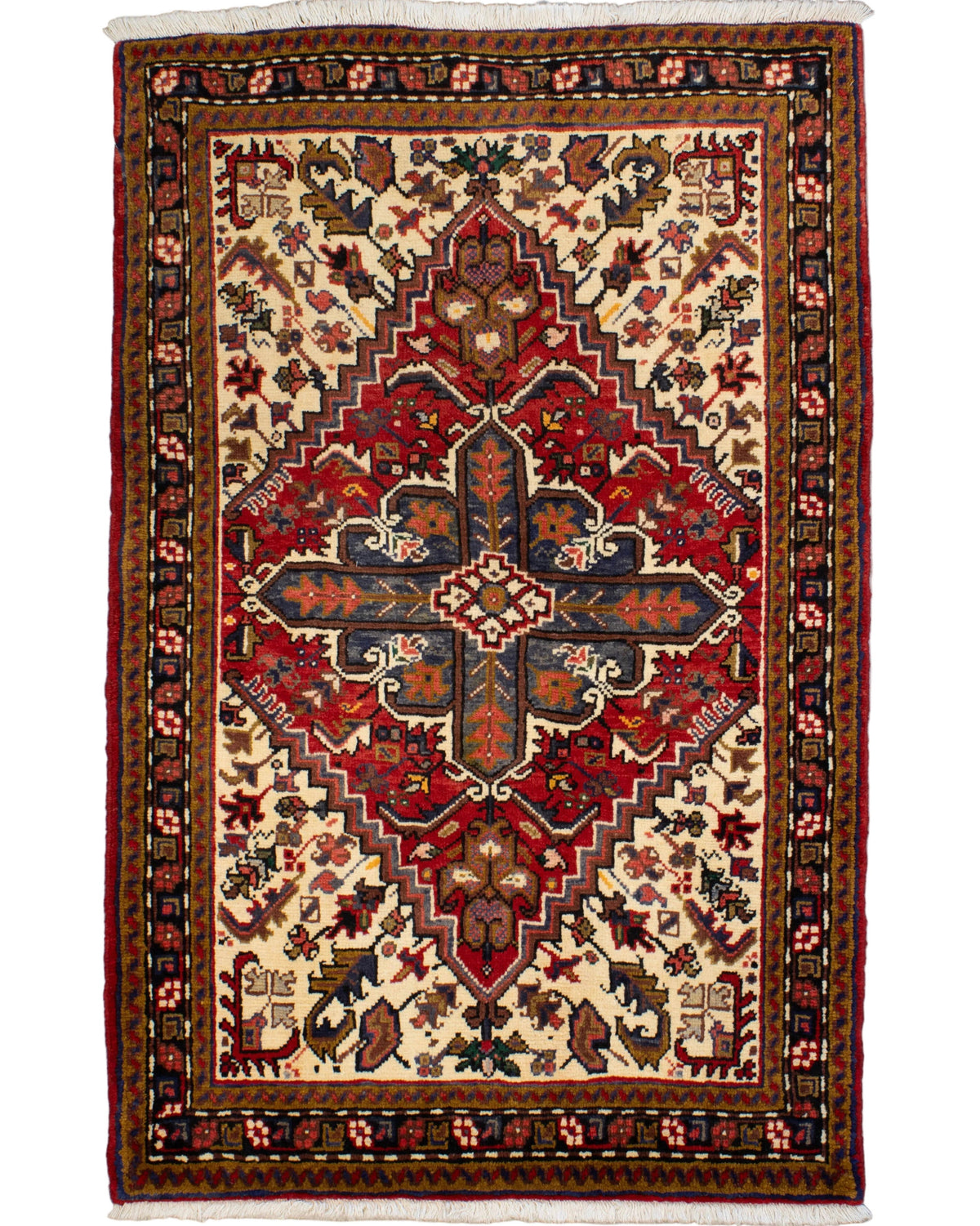One-of-a-kind 3'4" x 5'2" Persian Heriz hand-knotted 100% wool rug featuring a crimson red geometric central medallion, ivory field with angular floral motifs, and ornate borders accented in navy blue, rust, brown, gold, and gray.