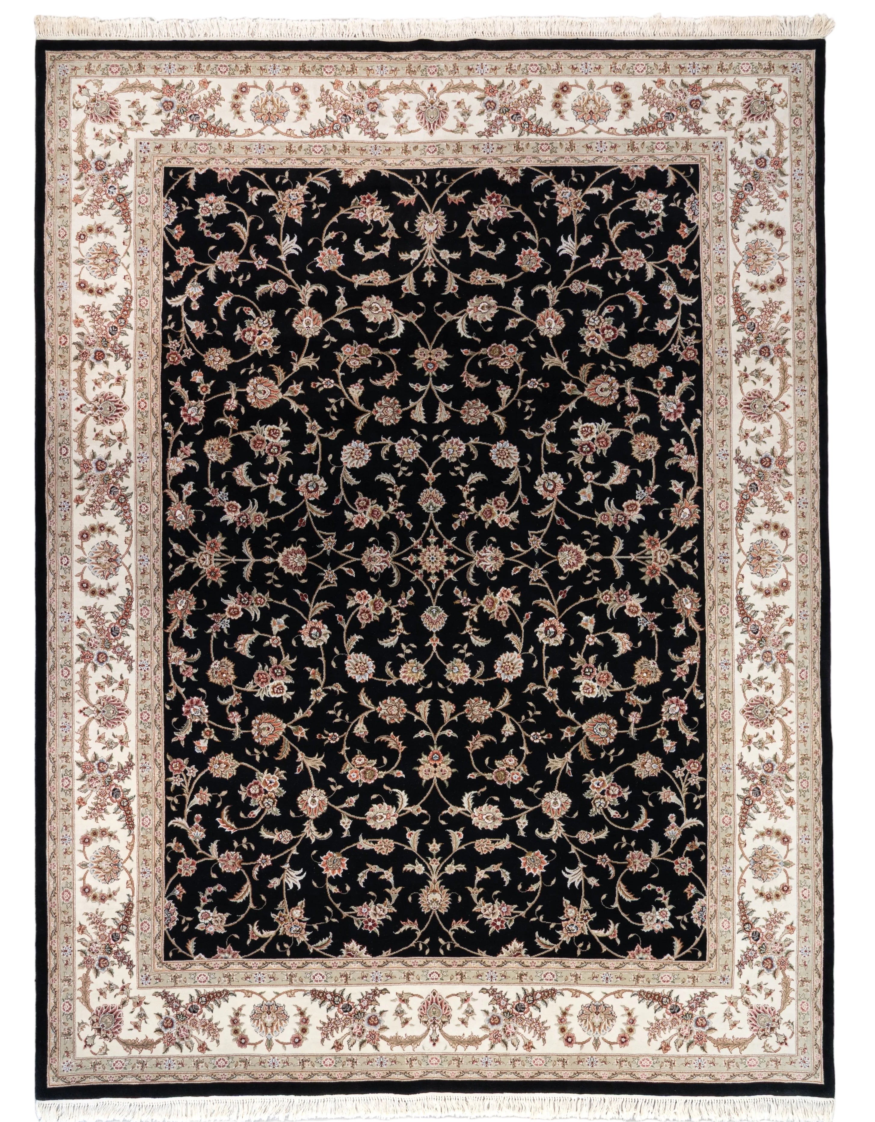 Black hand knotted Persian Tabriz wool and silk rug with ivory border and all-over floral design, 8'9x11'9"