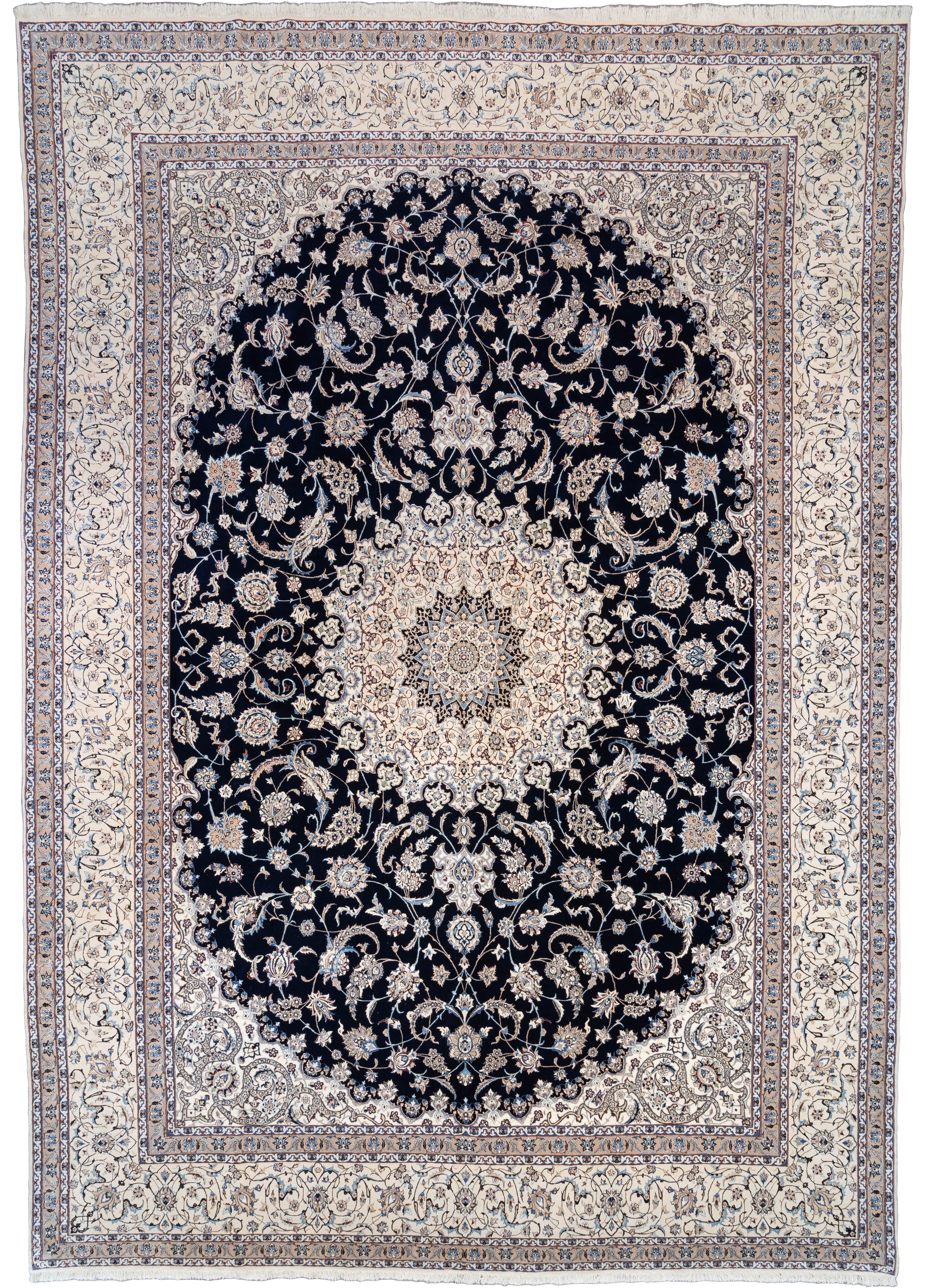 Navy and ivory handknotted Persian Nain wool and silk rug with center medallion floral pattern, 10'6" x 14'11".