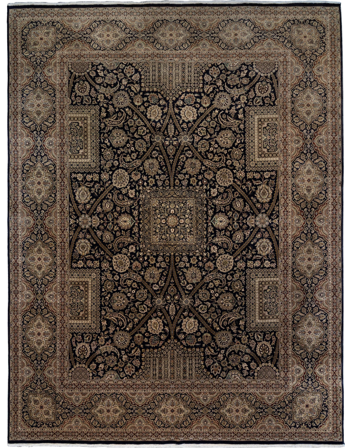 One-of-a-kind 9x12 Pakistani hand-knotted 100% wool rug featuring an ornate navy blue floral field with a square central medallion, intricate arabesque motifs, and elaborate beige, gold, ivory, rust, and brown palmette borders.