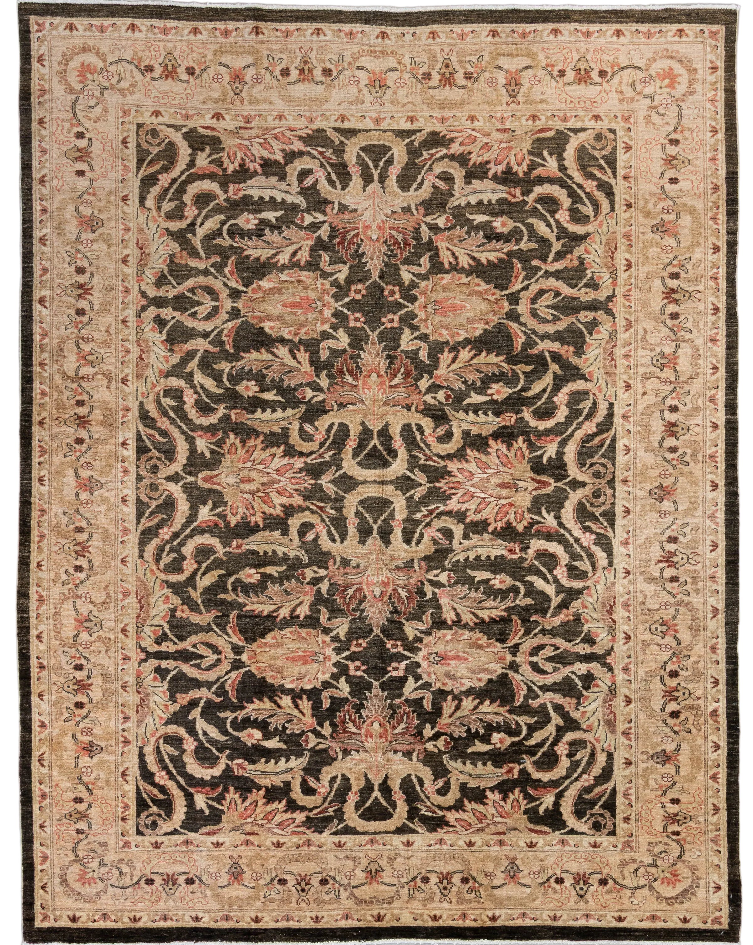 Espresso brown handknotted wool Chobi rug with a coral and ivory mirrored palmette pattern, 6' x 7'8".