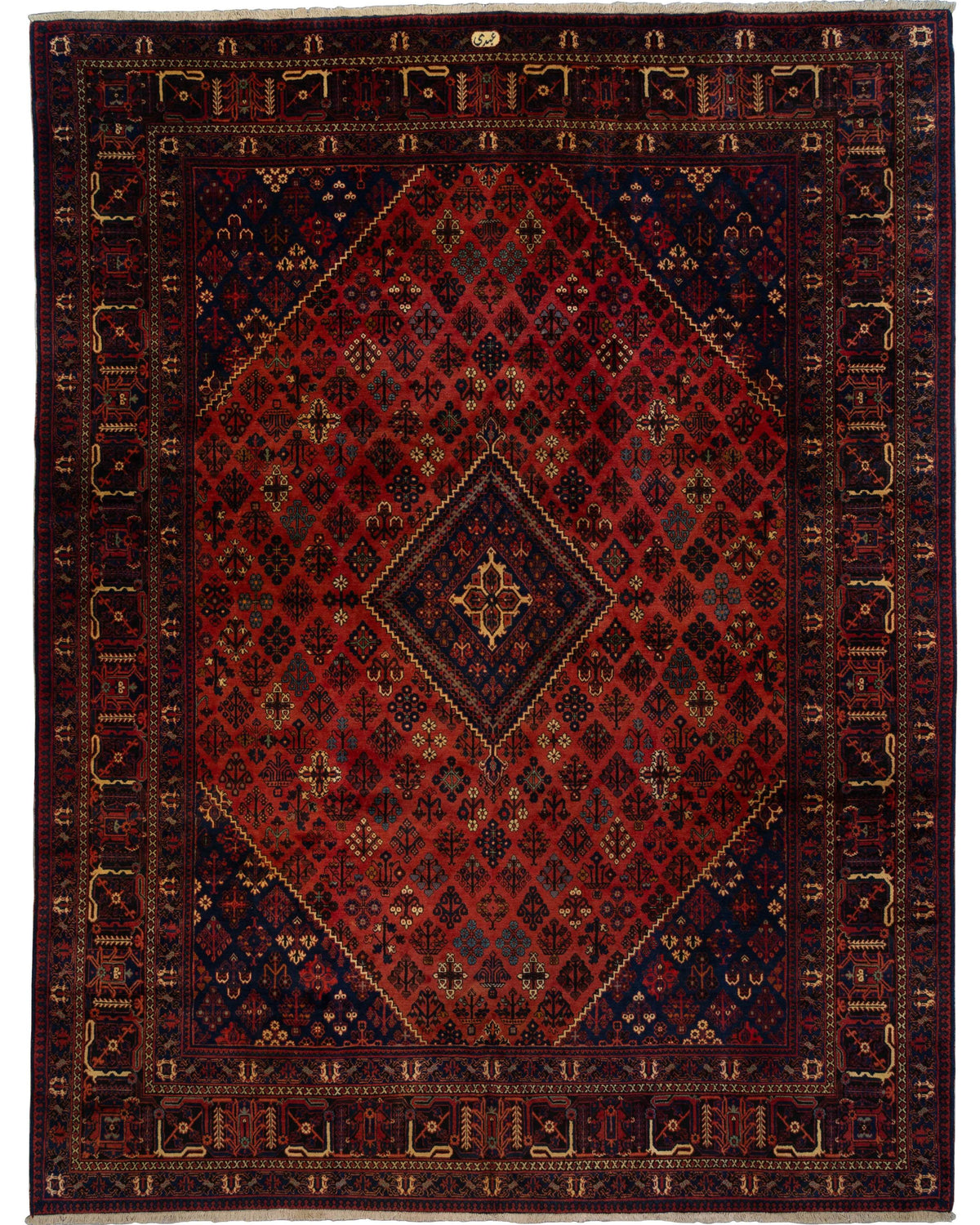 Red and navy handknotted wool Persian Joshagan rug with a diamond lattice medallion pattern and woven weaver's signature, 10' x 13'.