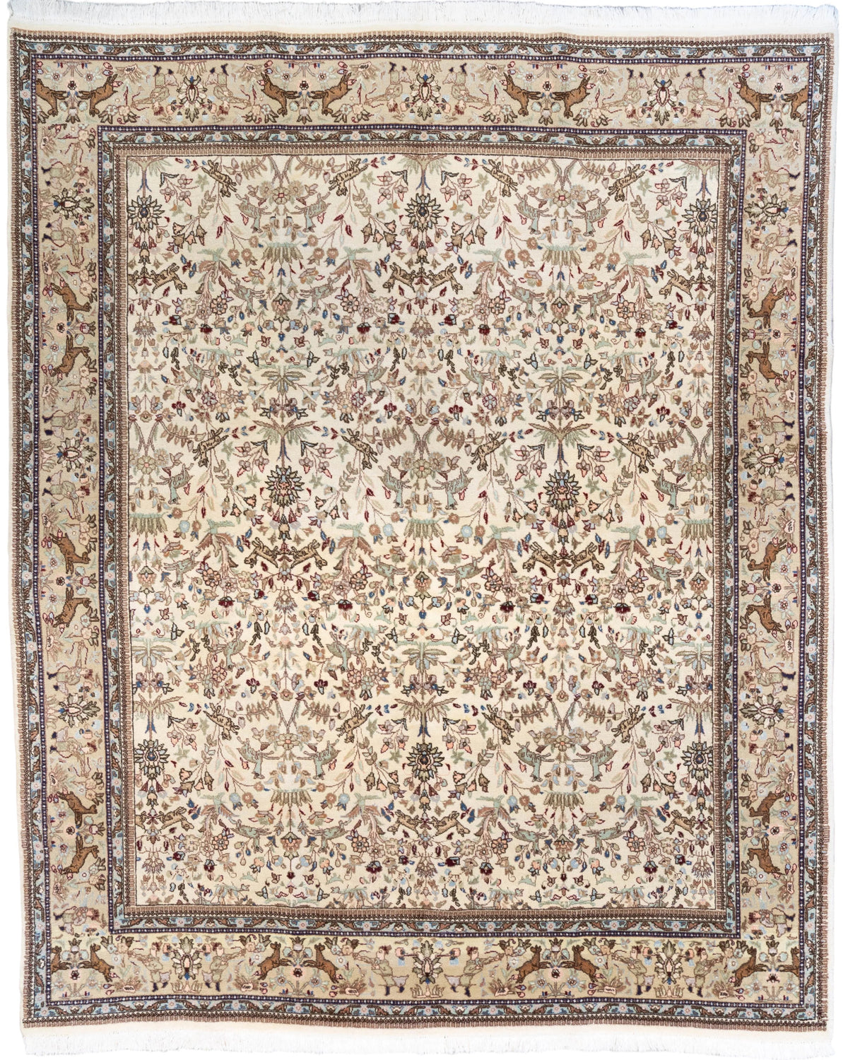 One-of-a-kind 8x10 Persian Isfahan hand-knotted wool rug featuring an ivory allover floral field with beige, blue, sage green, and burgundy botanical detailing, surrounded by an ornate border with woven animal motifs.
