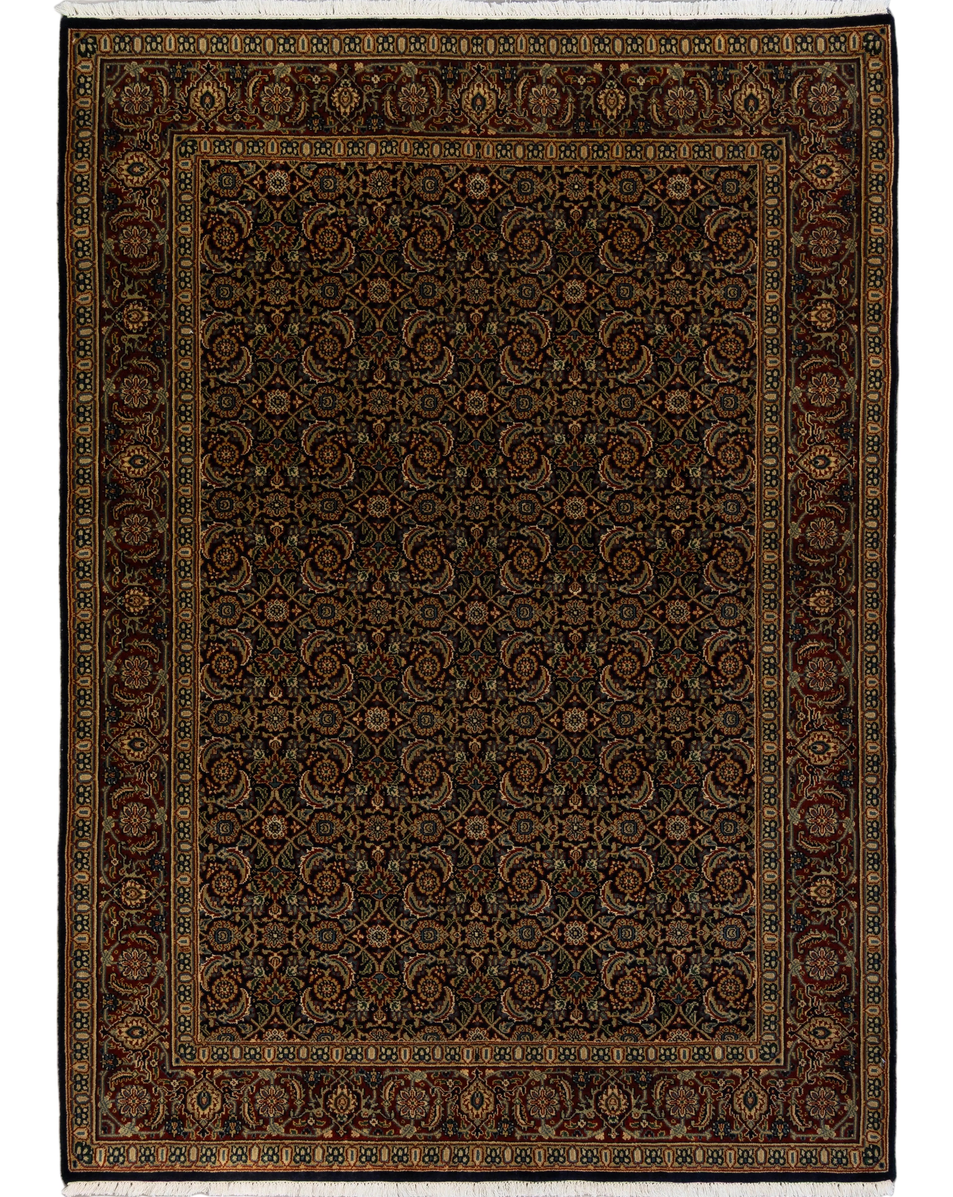 Black handknotted wool rug with burgundy and gold Herati fish-and-flower pattern, 5' x 6'10".