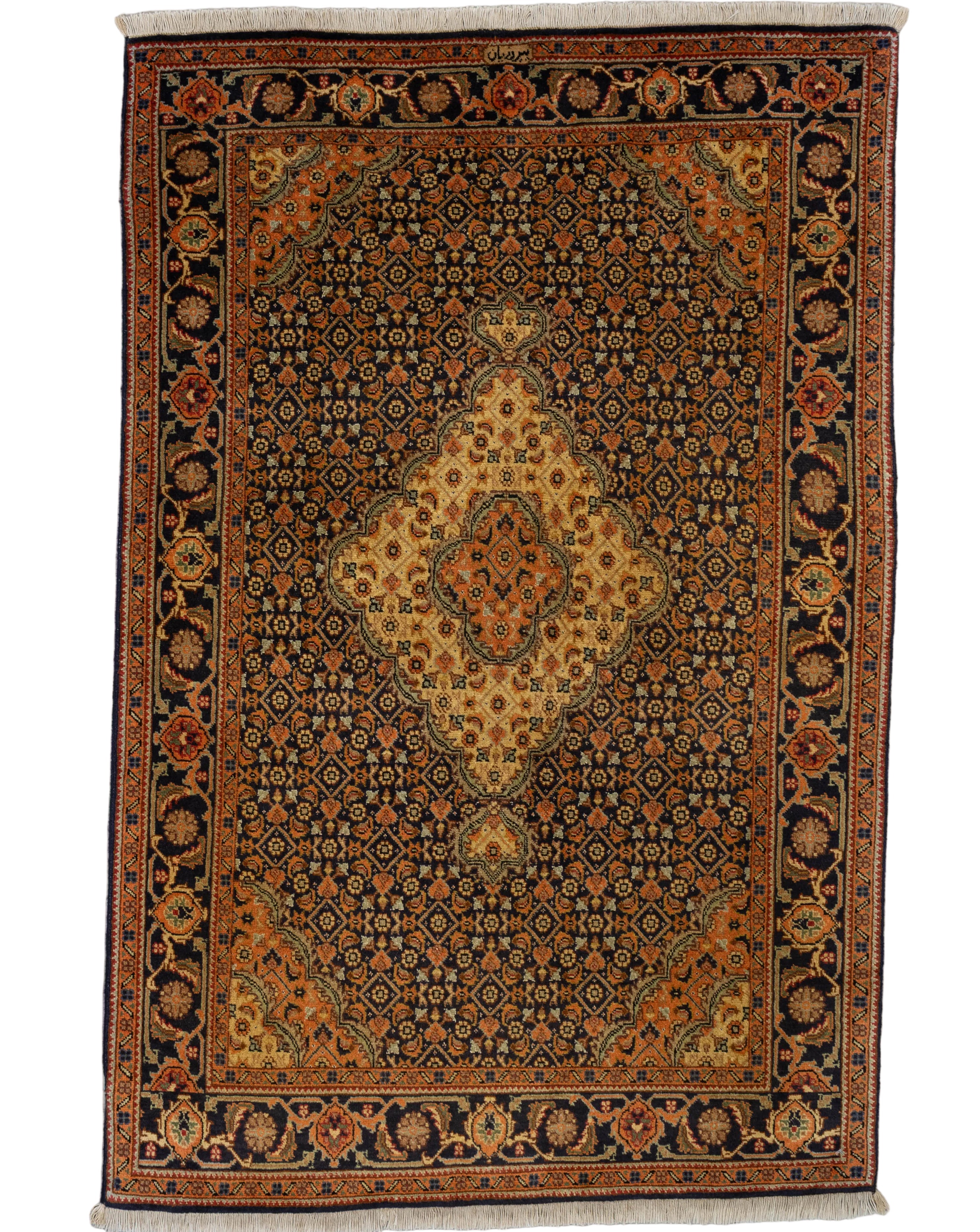 Black hand-knotted Persian Tabriz wool rug with amber diamond lattice and gold medallion, 3' x 5'.
