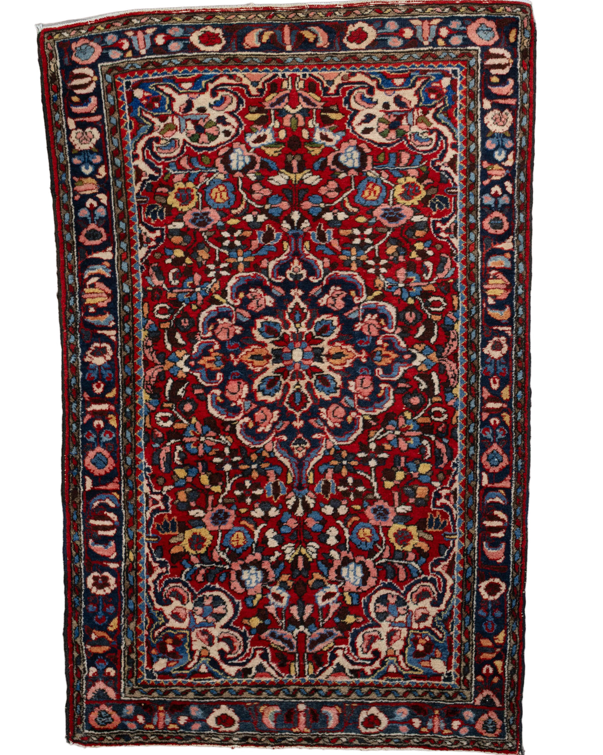 One-of-a-kind 3'5" x 5'5" Persian Hamadan hand-knotted wool rug featuring a rich red field with an ornate central floral medallion, intricate floral patterns, and navy blue, light blue, pink, ivory, gold, and brown accents framed by a traditional floral border.