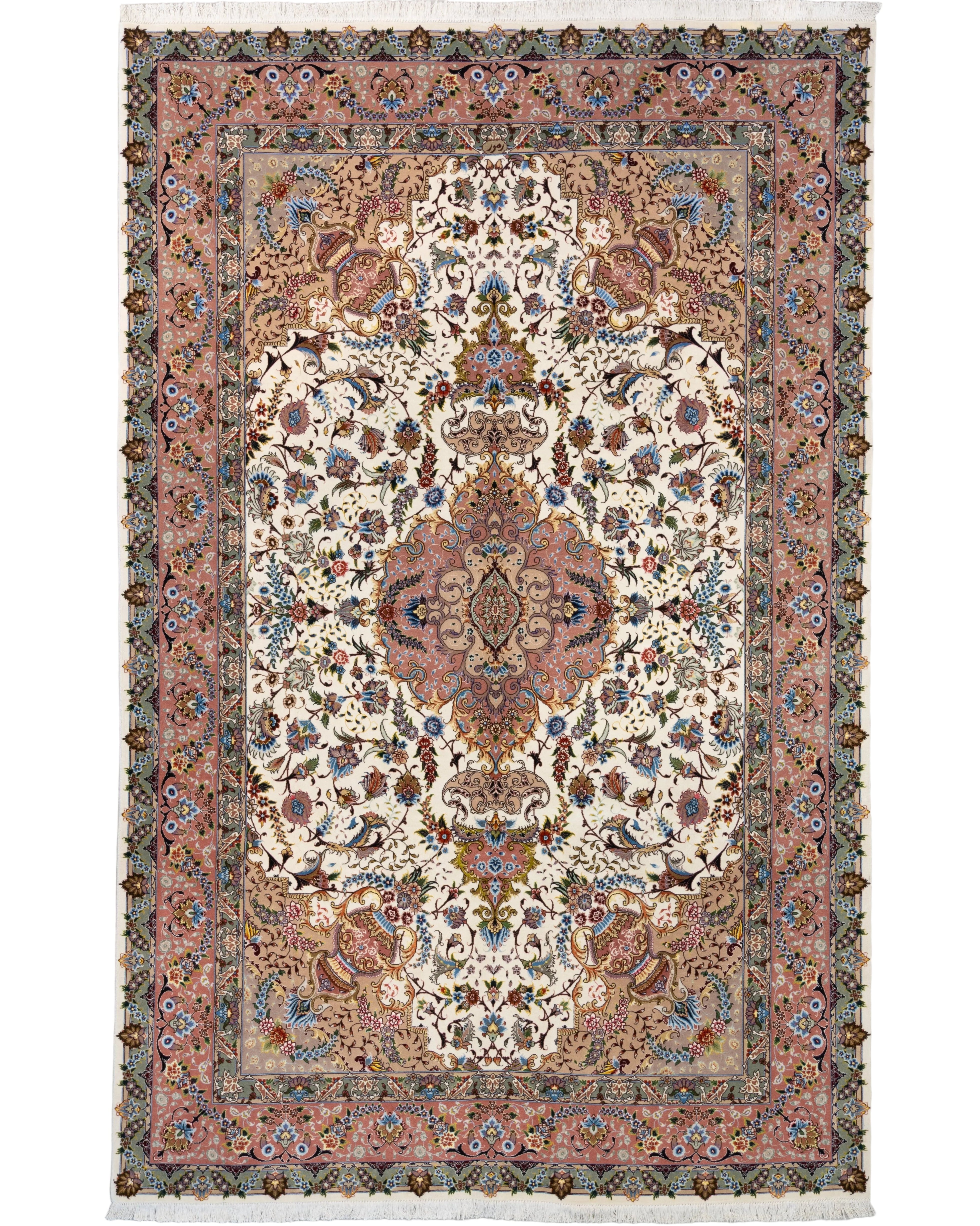 Persian Tabriz hand knotted wool and silk rug with floral medallion design in ivory and rose tones