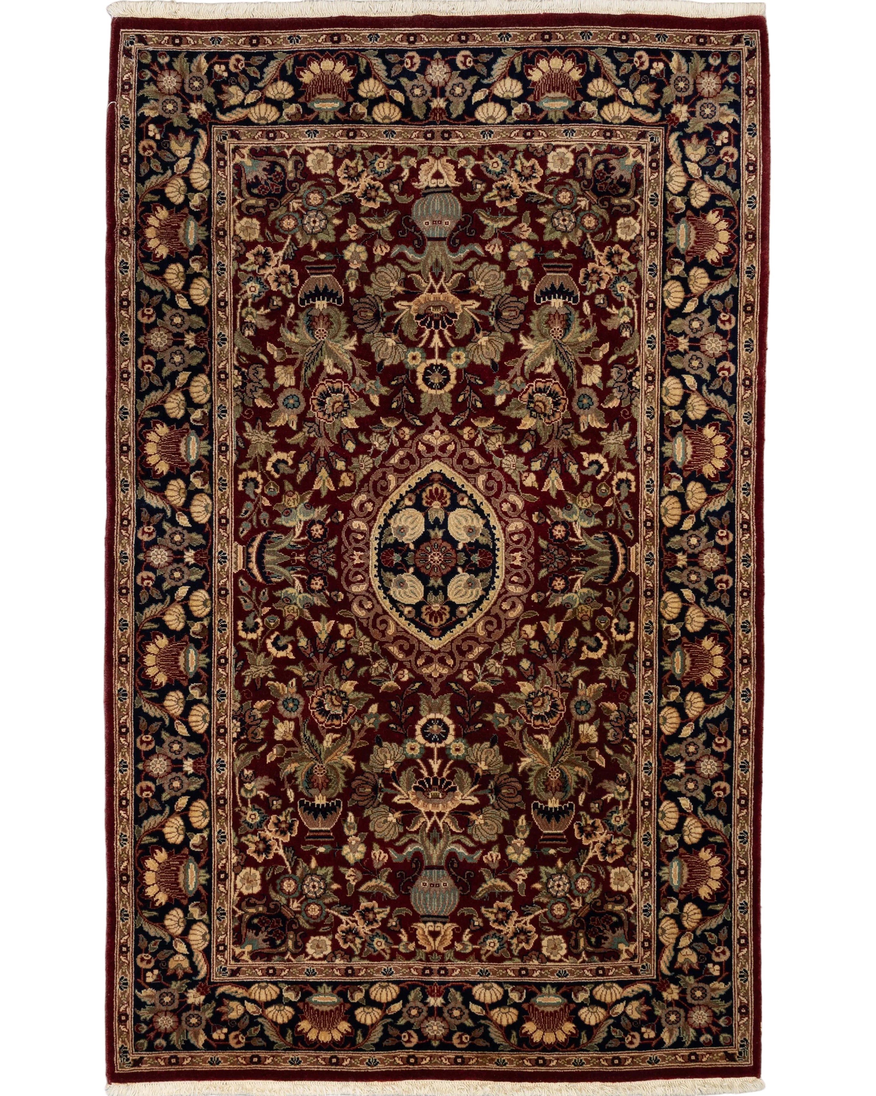 Burgundy hand-knotted Pakistani wool rug with ivory floral medallion, 3' x 5'.