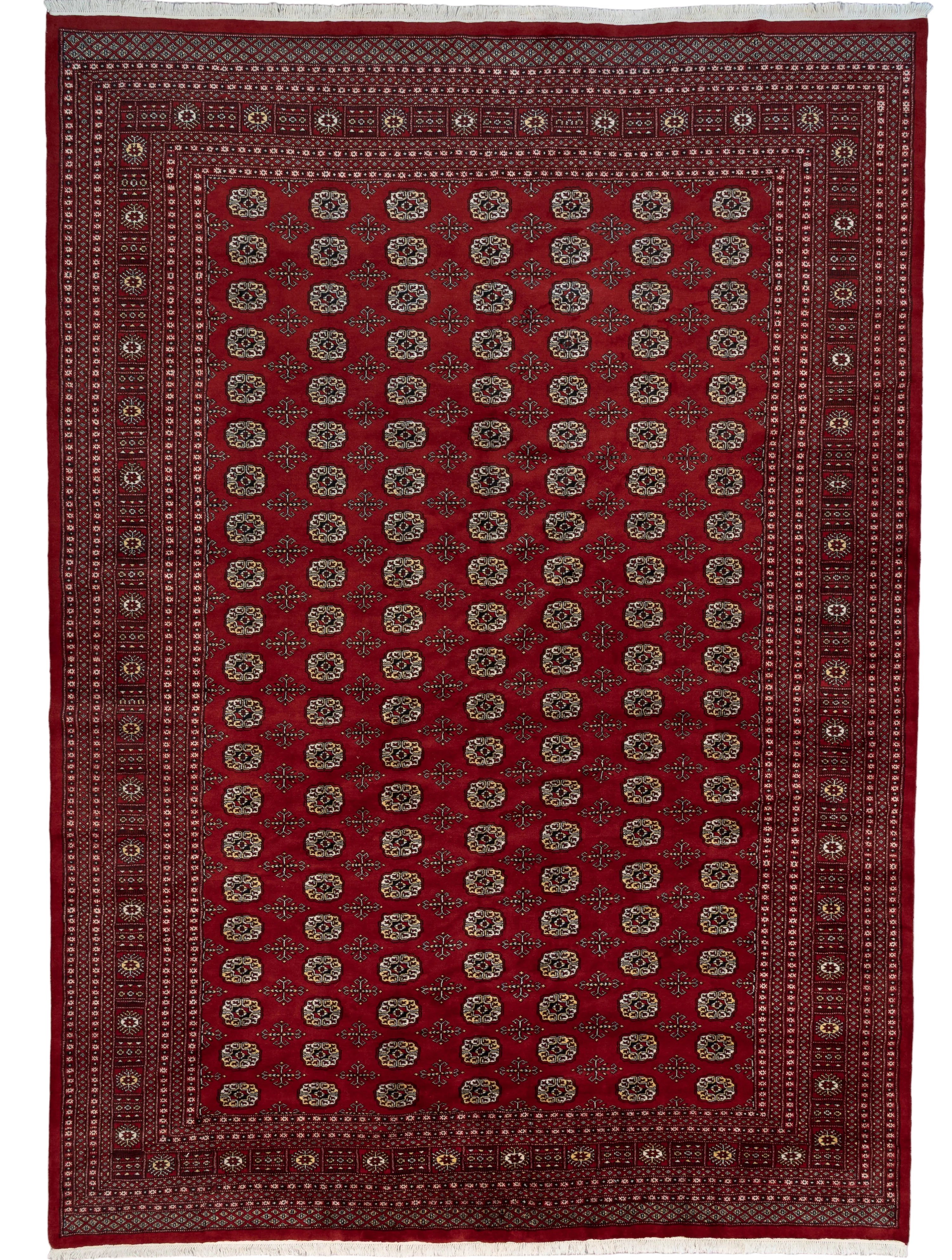 Red handknotted wool Bokhara rug with ivory and gold octagonal gul medallion pattern, 9' x 13'.