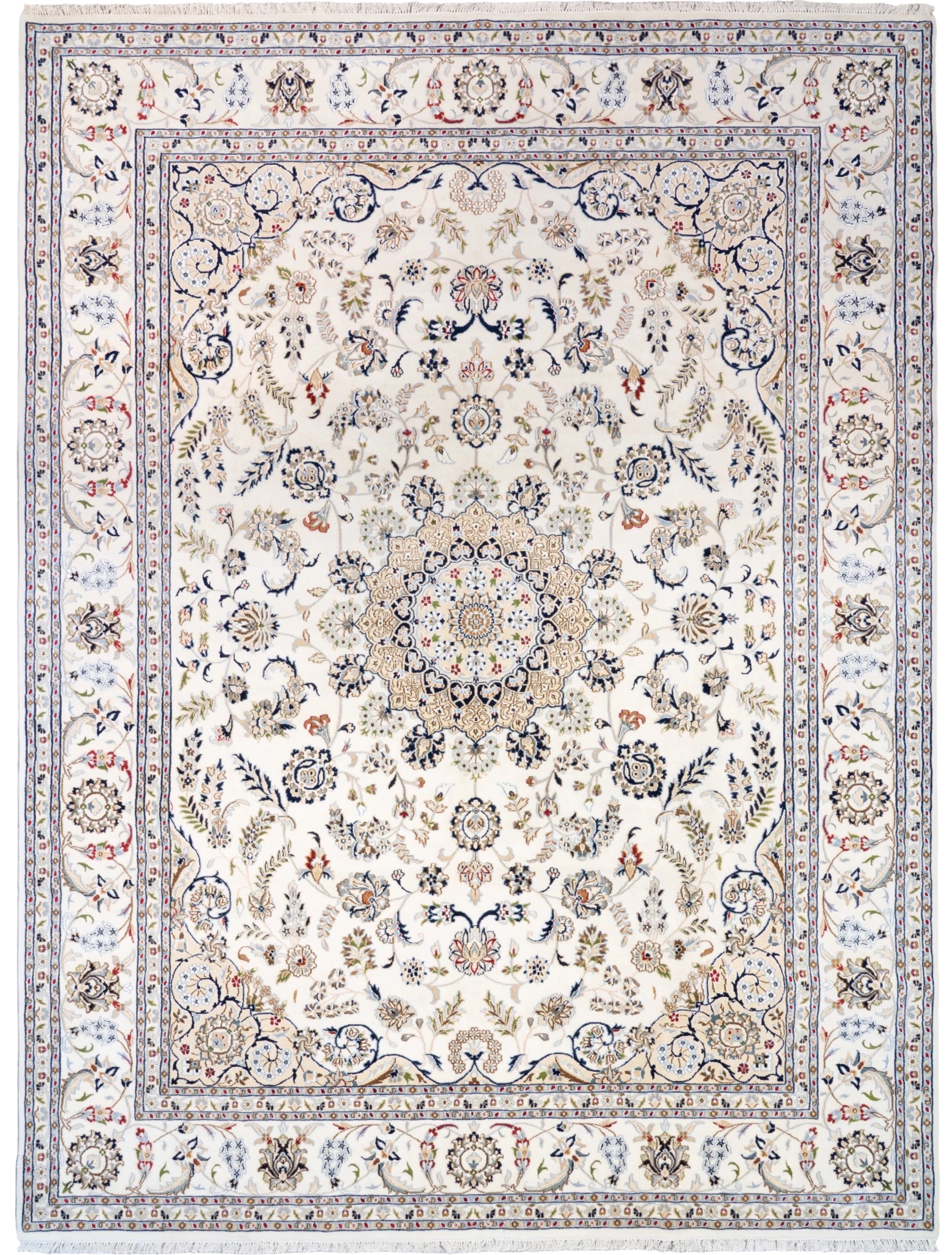 Ivory hand knotted Persian Nain medallion wool blend rug with navy and camel accents, 9'3x12'3