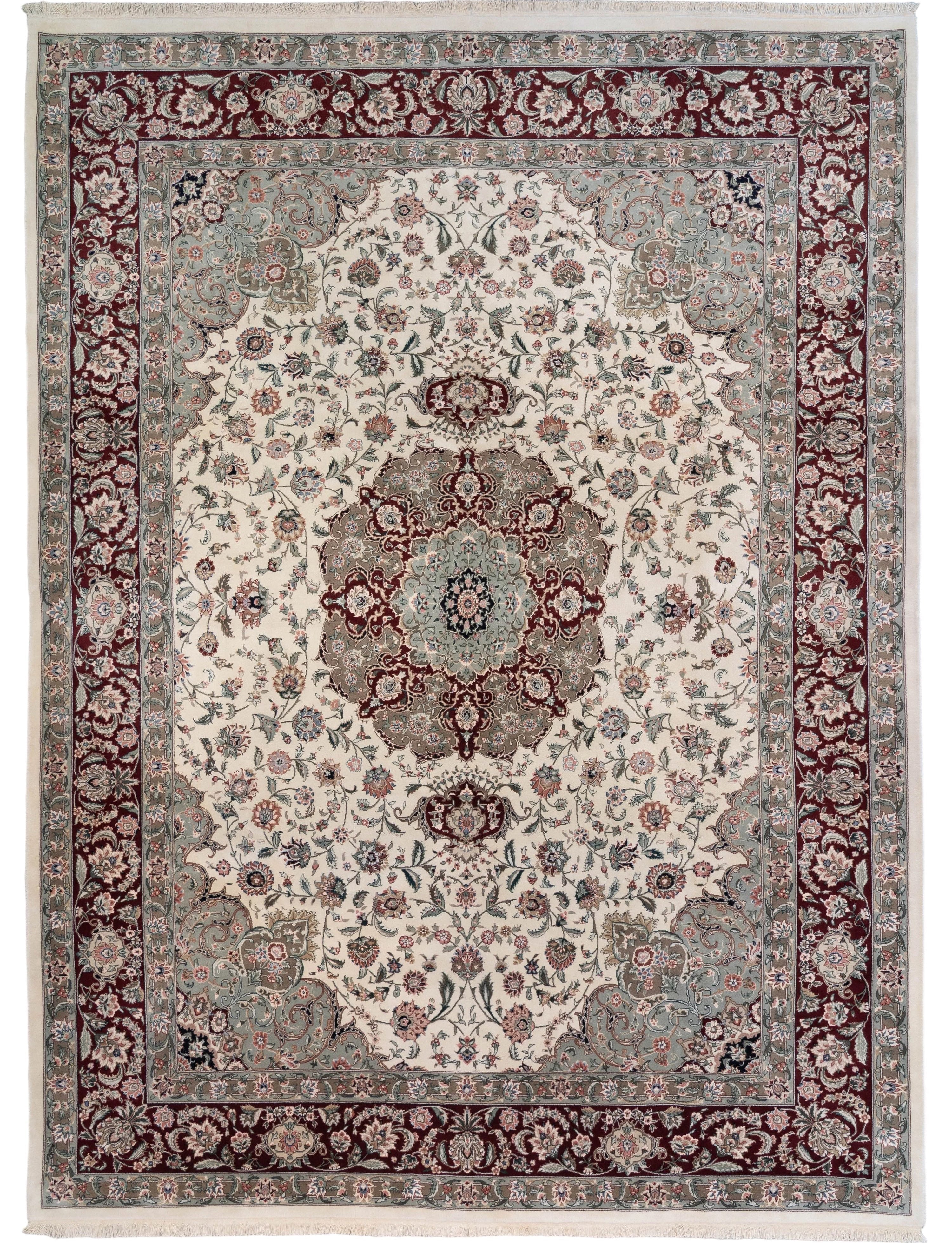 Ivory handknotted wool and silk Sino Tabriz rug with a burgundy and sage center medallion floral pattern, 9' x 12'.
