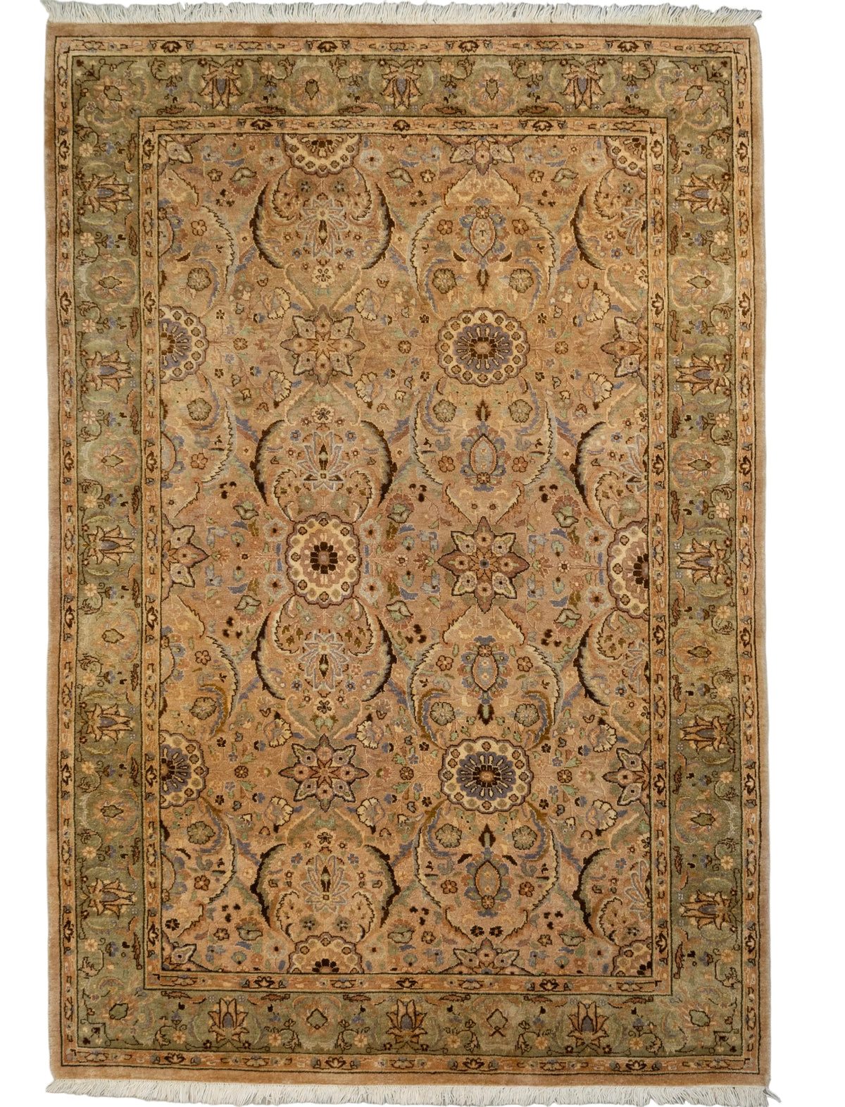 One-of-a-kind 4' x 6' Pakistani hand-knotted wool pile rug featuring a warm beige field with repeating floral medallions, intricate botanical motifs, and a decorative border accented in taupe, sage green, muted blue, brown, and gold.