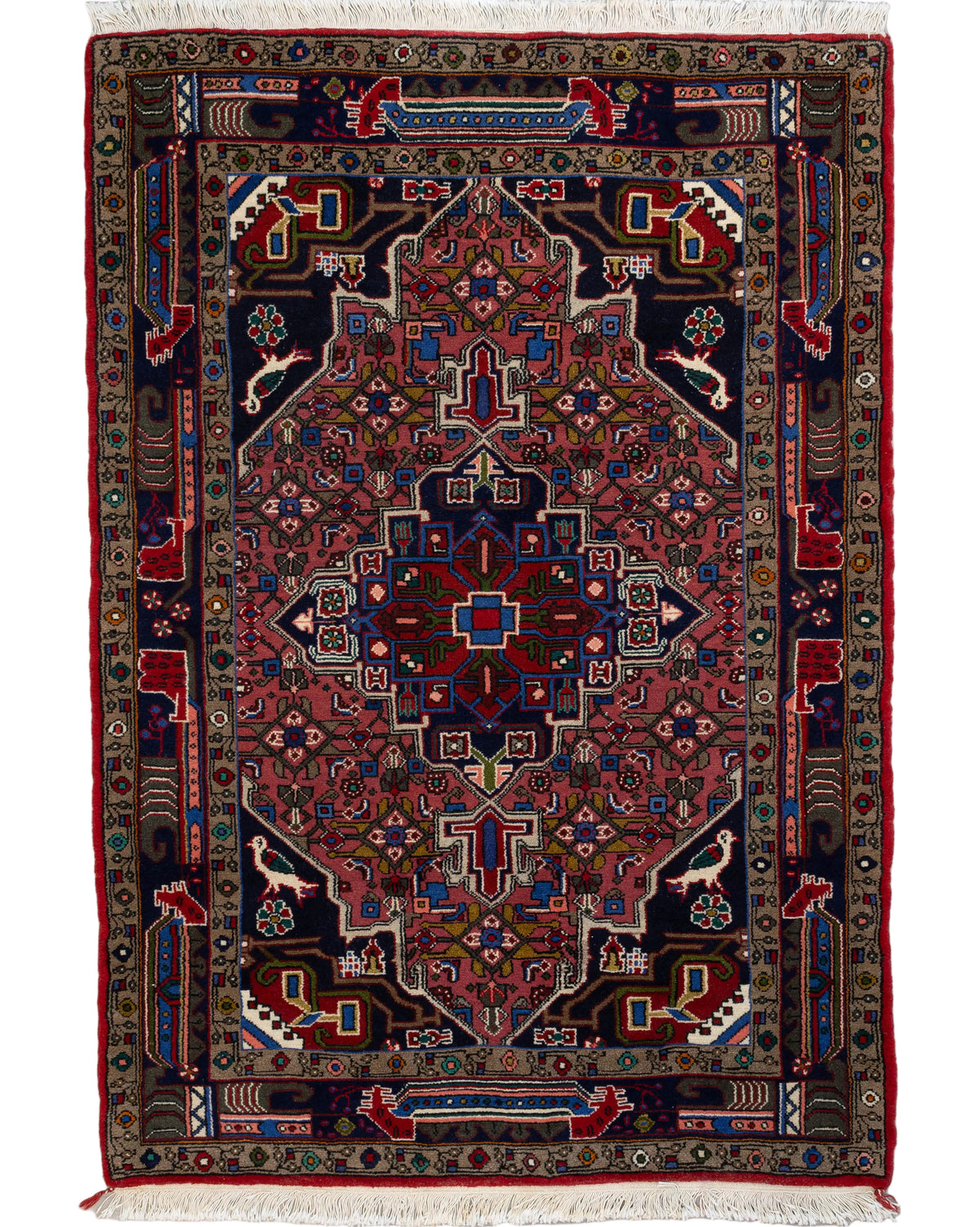One-of-a-kind 3'5" x 5' Kurdish hand-knotted 100% wool rug featuring a rose-red geometric central medallion, navy blue corner fields, and intricate tribal floral and animal motifs accented with crimson red, ivory, green, bright blue, and beige.