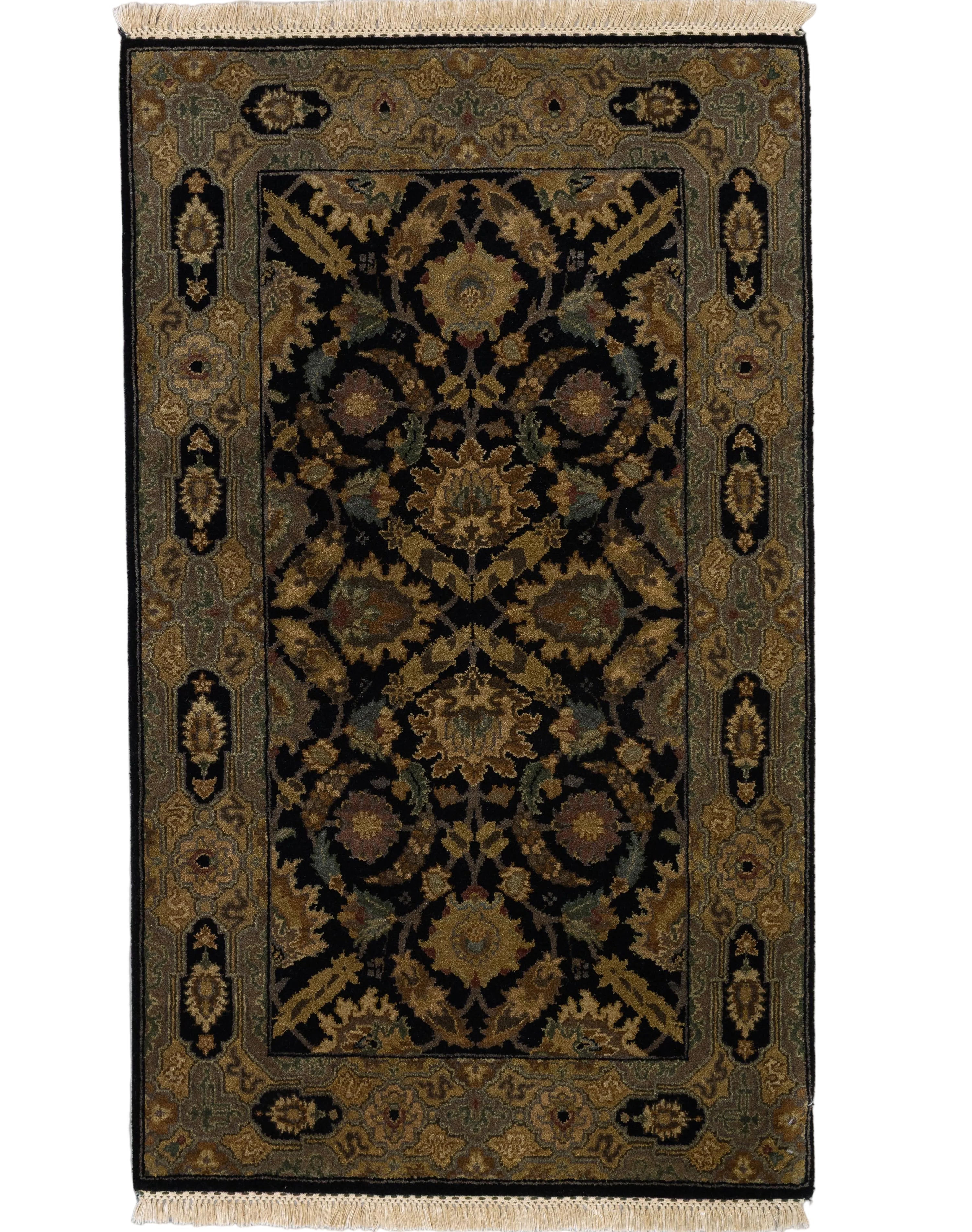 Black hand-knotted wool rug with gold ornamental medallion lattice pattern, 3' x 5'.