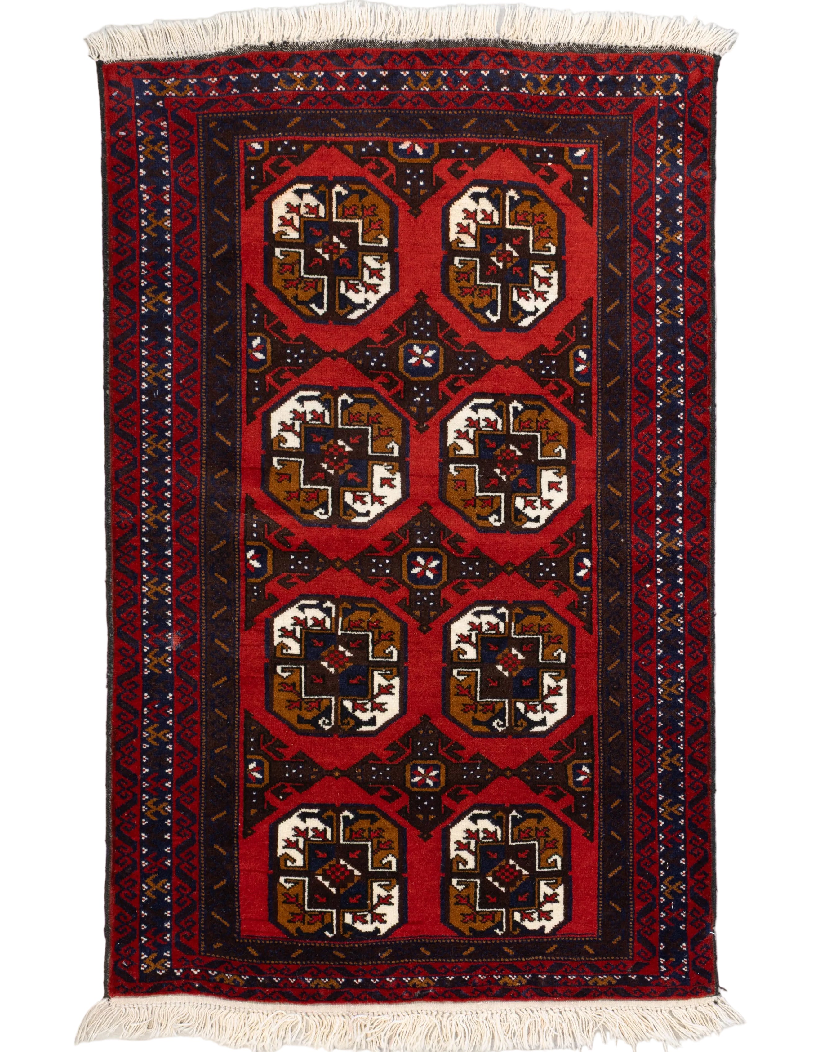 Red hand knotted Pakistani Baluch wool rug with repeating octagonal gul medallions in navy and ivory, 2'11x4'5