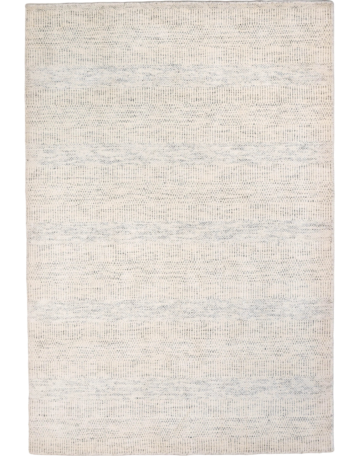 One-of-a-kind 4' x 6' handmade Indian wool and bamboo silk rug featuring an ivory field with subtle light gray linear stripes, alternating textured geometric bands, and a minimalist contemporary design.