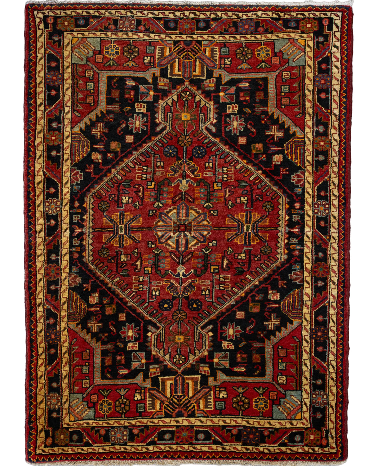 One-of-a-kind 3'6" x 4'11" Persian Tuyserkan hand-knotted wool rug featuring a red hexagonal geometric medallion, contrasting black corner fields, and angular floral motifs accented in ivory, gold, rust, olive green, and muted blue.
