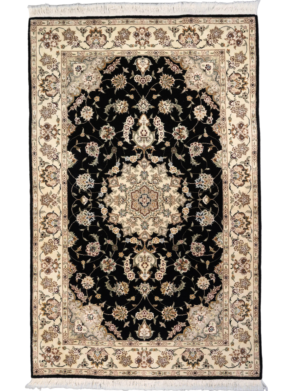 One-of-a-kind 3'9" x 5'9" Sino Tabriz hand-knotted wool and silk pile rug woven in China by Iranian weavers, featuring a black field with an elaborate ivory floral medallion, scrolling botanical vines, and an ornate ivory border.