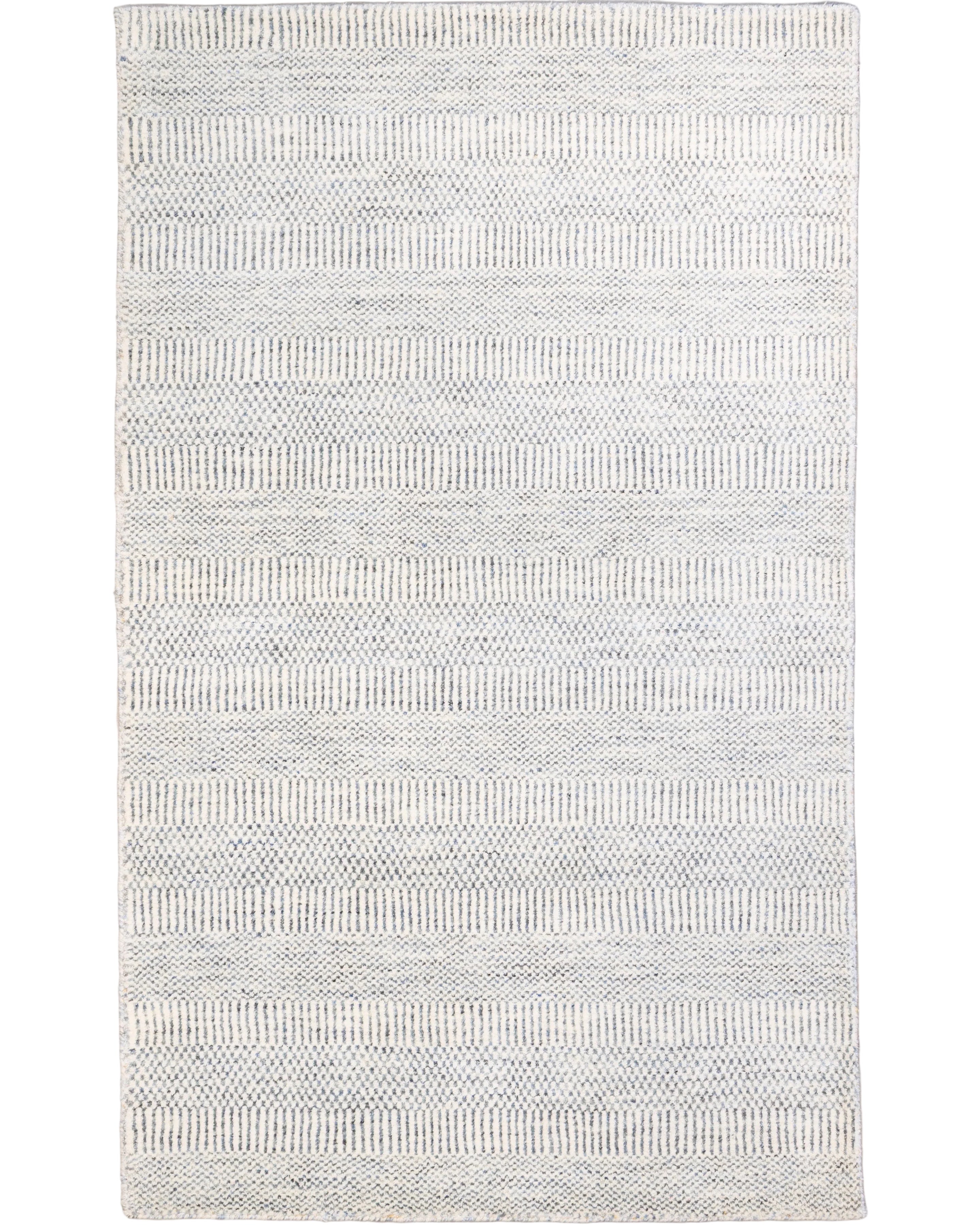 Ivory hand-loomed wool and bamboo silk rug with slate grey vertical stripe pattern, 3' x 5'.