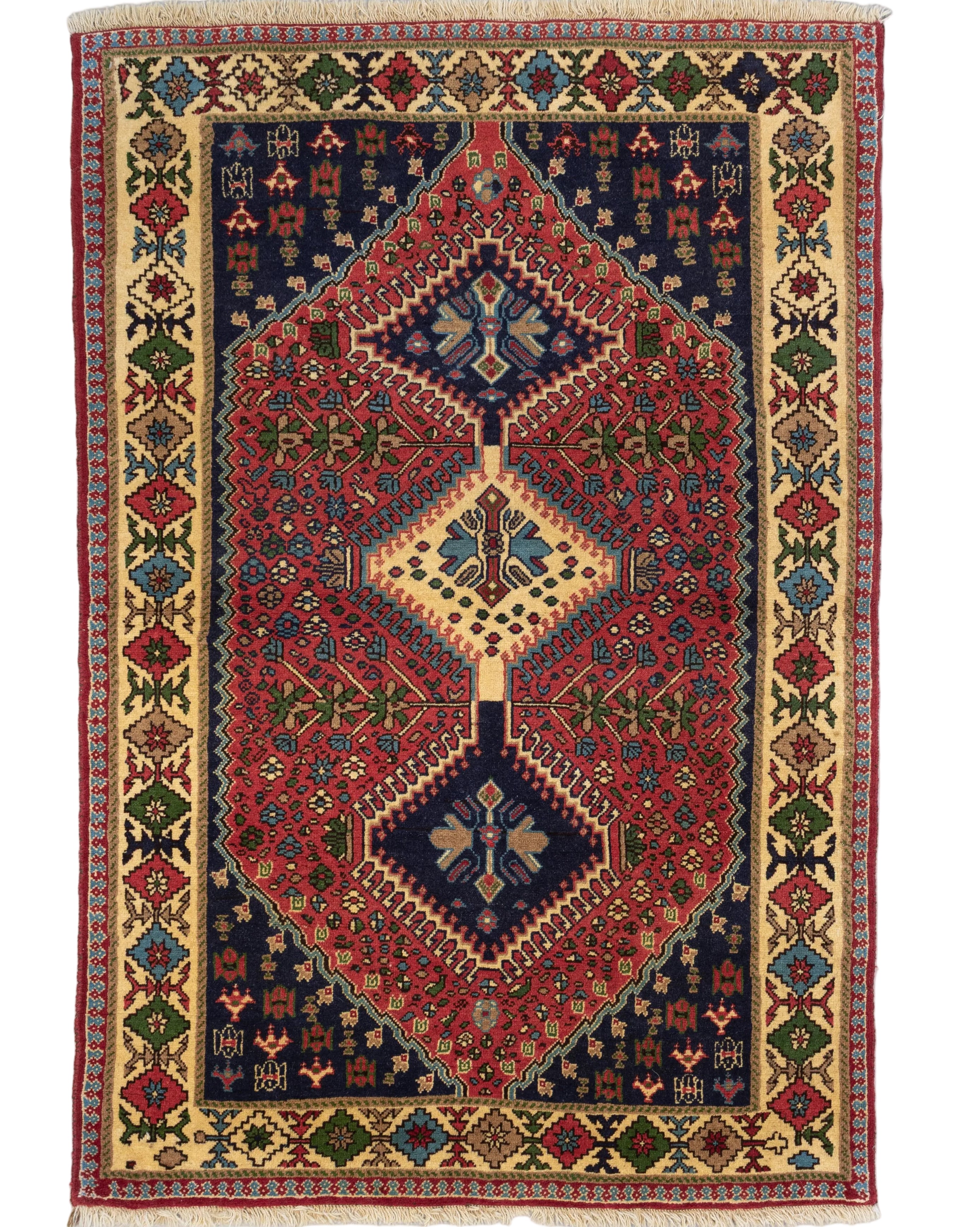 Hand-knotted red and navy wool Persian Shiraz rug with triple diamond medallion pattern, 3'3" x 4'9".