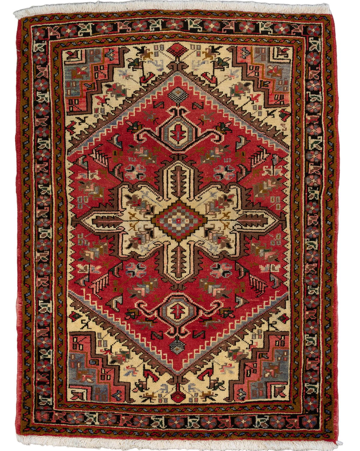 One-of-a-kind 3'6" x 4'9" Persian Heriz hand-knotted wool rug featuring a bold red geometric central medallion, ivory corner spandrels, and intricate traditional floral borders accented with brown, black, gray, olive green, and pink.