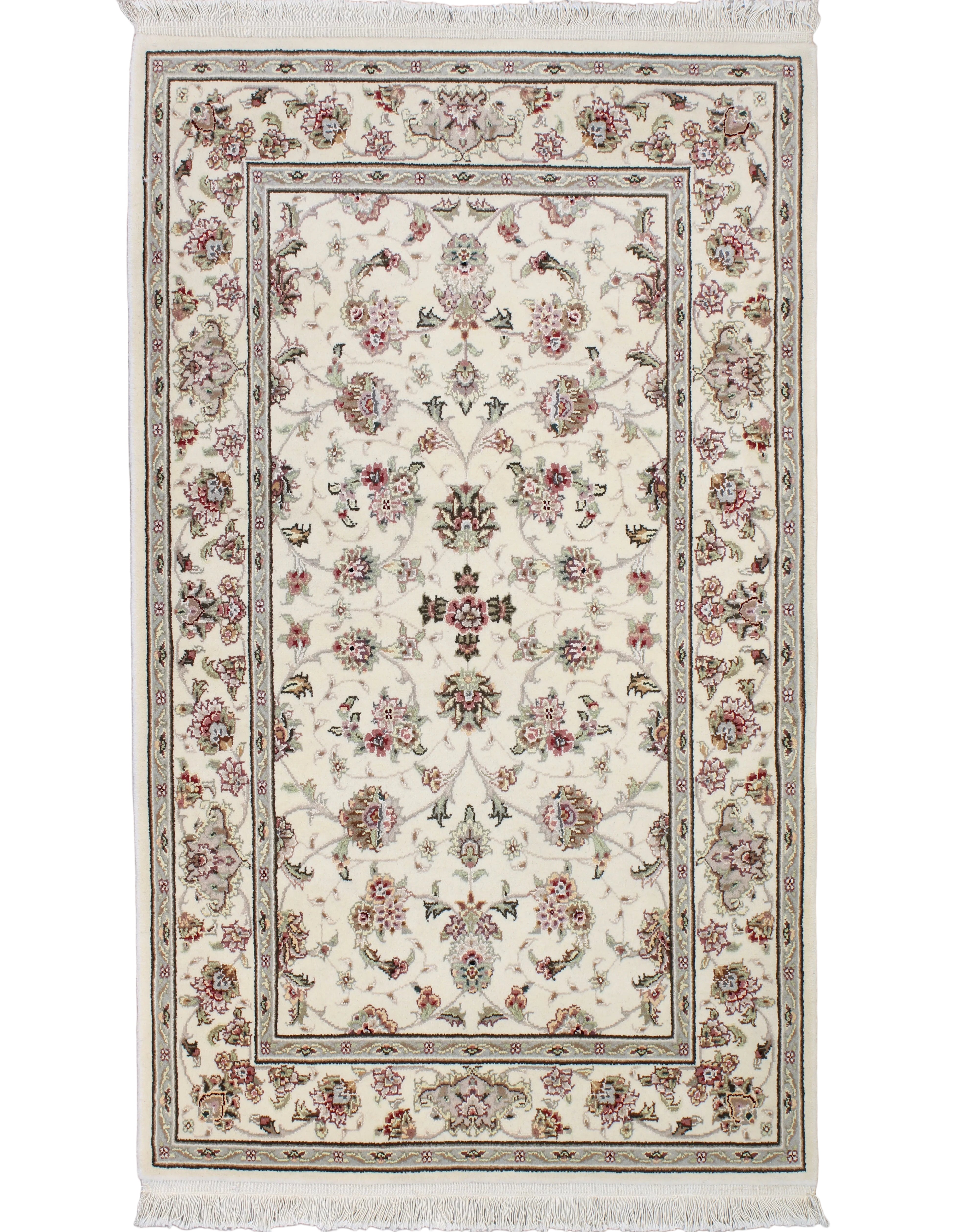 Ivory handknotted wool and silk Sino Tabriz rug with a rose and sage allover floral lattice pattern, 3' x 5'.