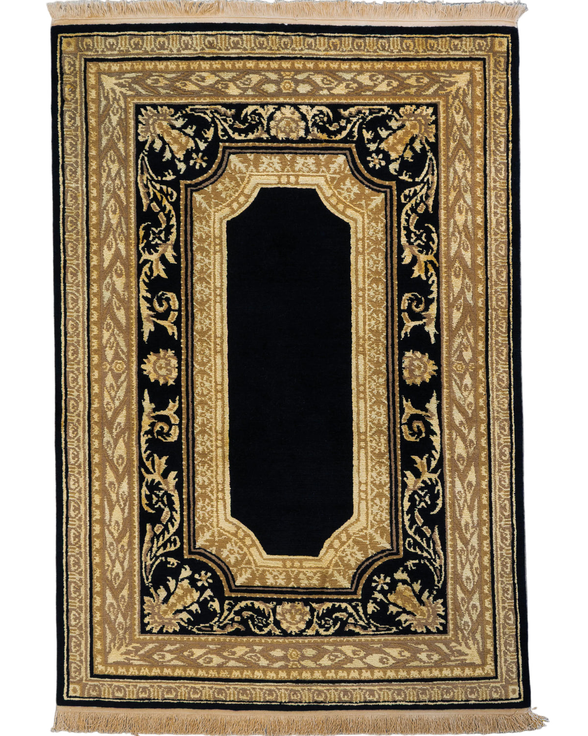 Black and gold Art Deco–inspired 4x6 hand-knotted wool and bamboo silk rug with ornate floral border