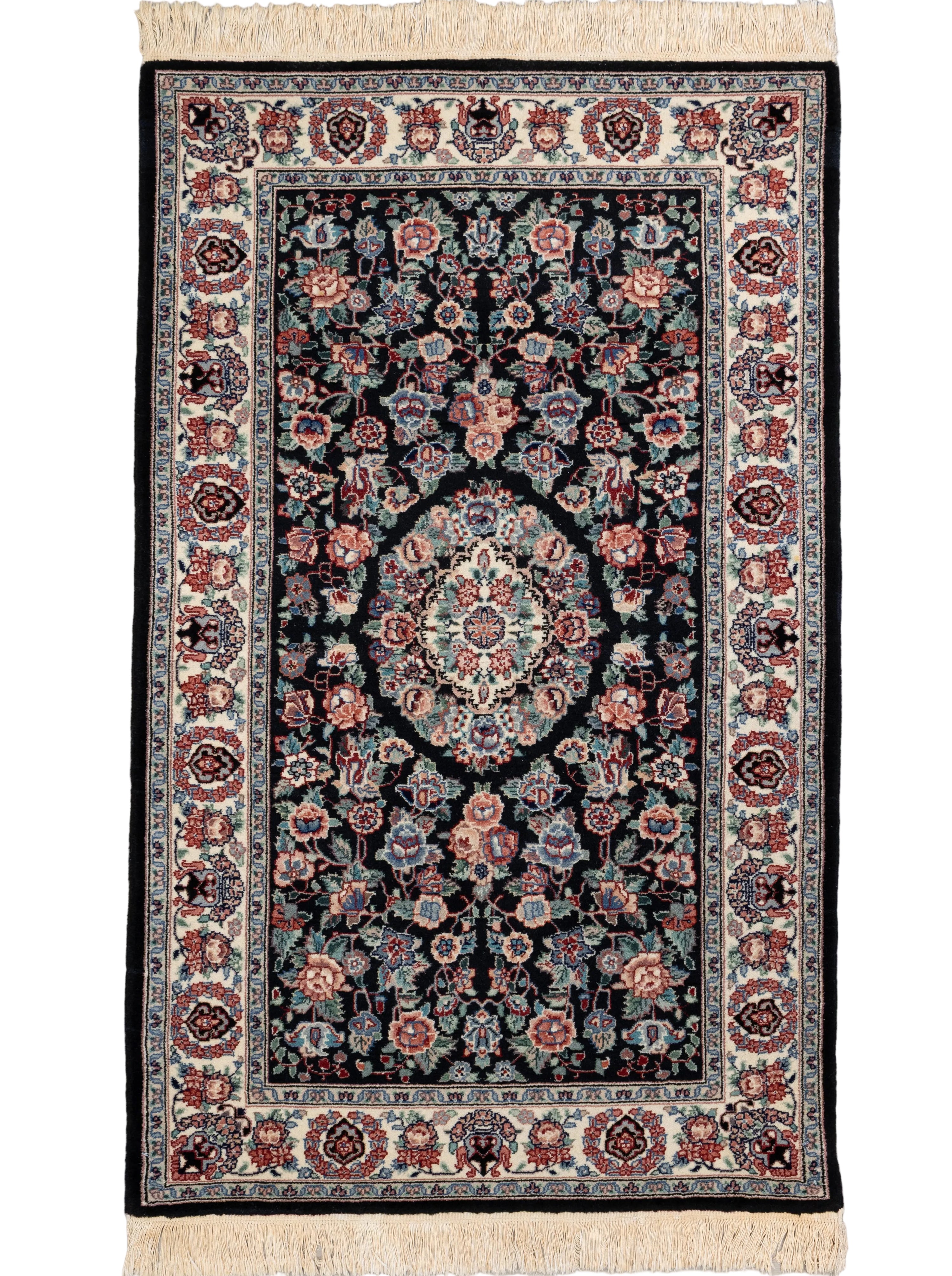 Black hand-knotted Sino-Persian wool rug with ivory floral medallion pattern, 3' x 5'