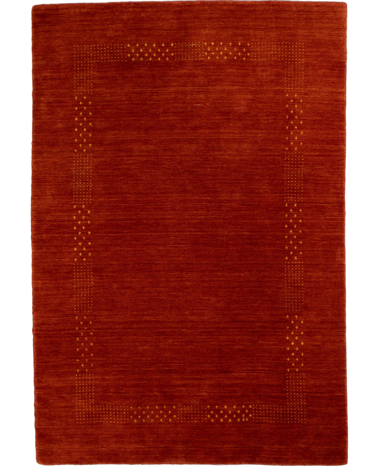 One-of-a-kind 4' x 6' handmade Indian Gabbeh 100% wool rug featuring a rich rust red field with subtle orange undertones, delicate gold dotted geometric accents, and a minimalist rectangular border.