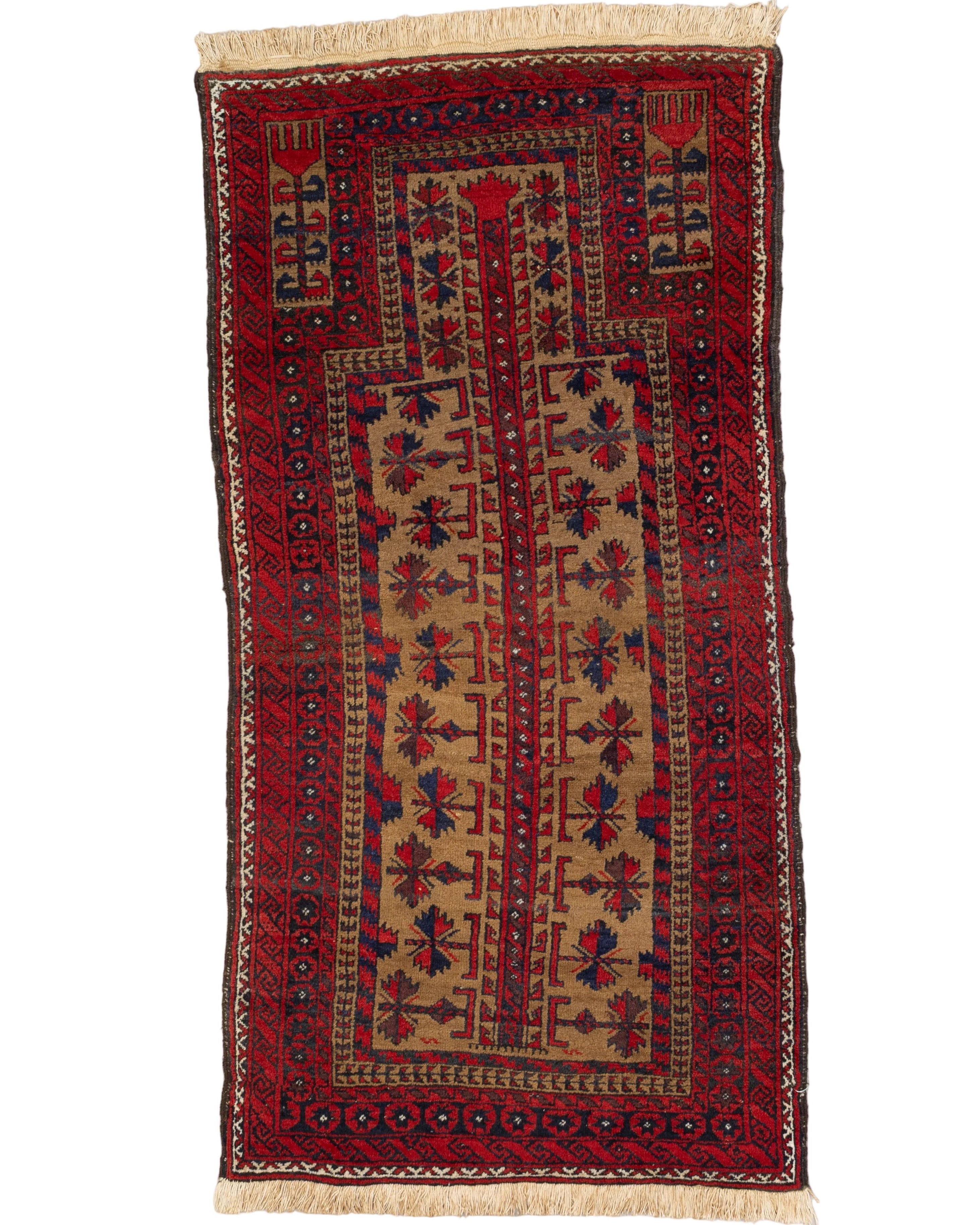 Camel and red hand knotted Afghan tribal wool rug with angular geometric motifs and meander border, 2'5x4'11
