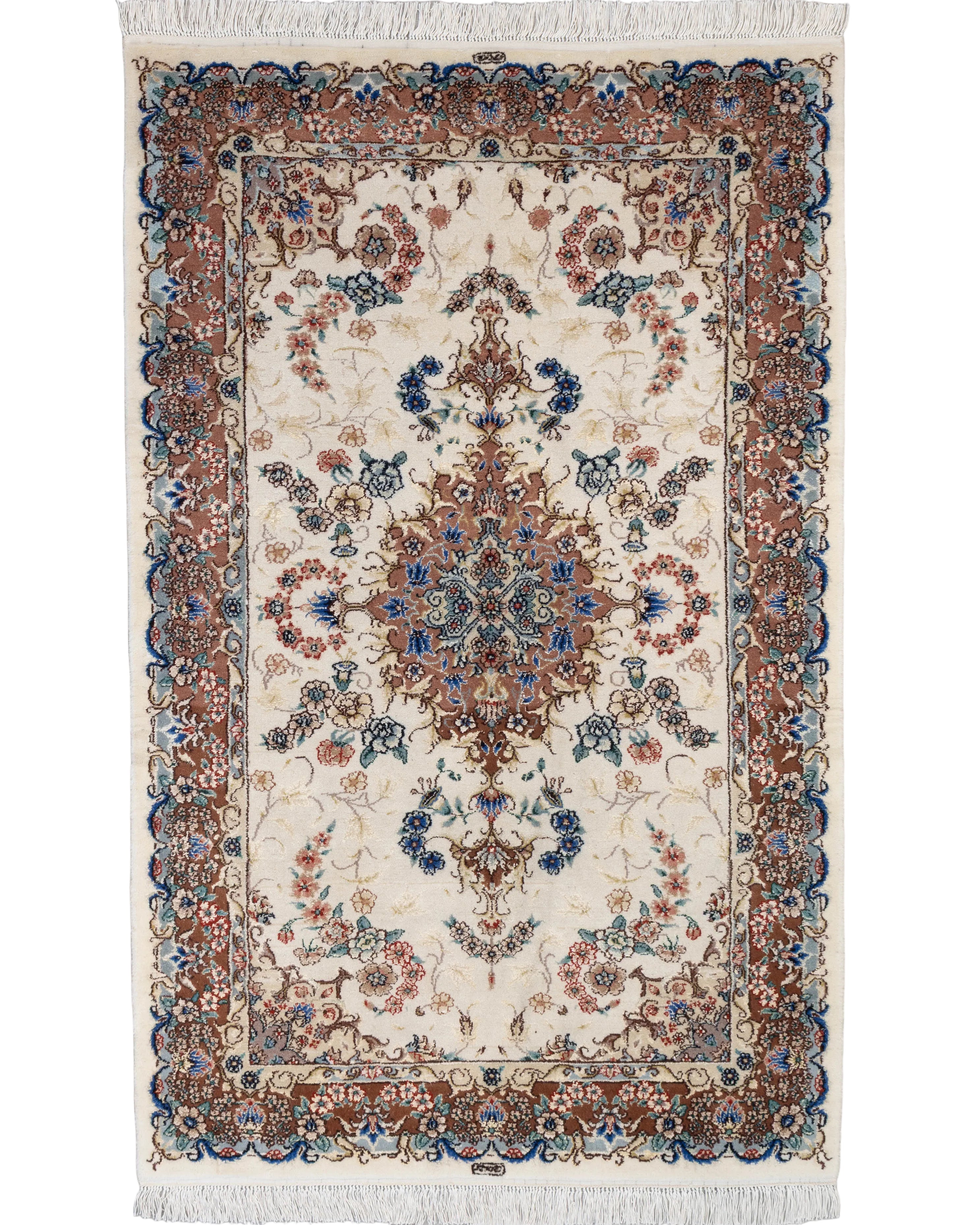 Hand-knotted ivory wool and silk rug with taupe medallion and Tabriz-style floral pattern, 3' x 5'.