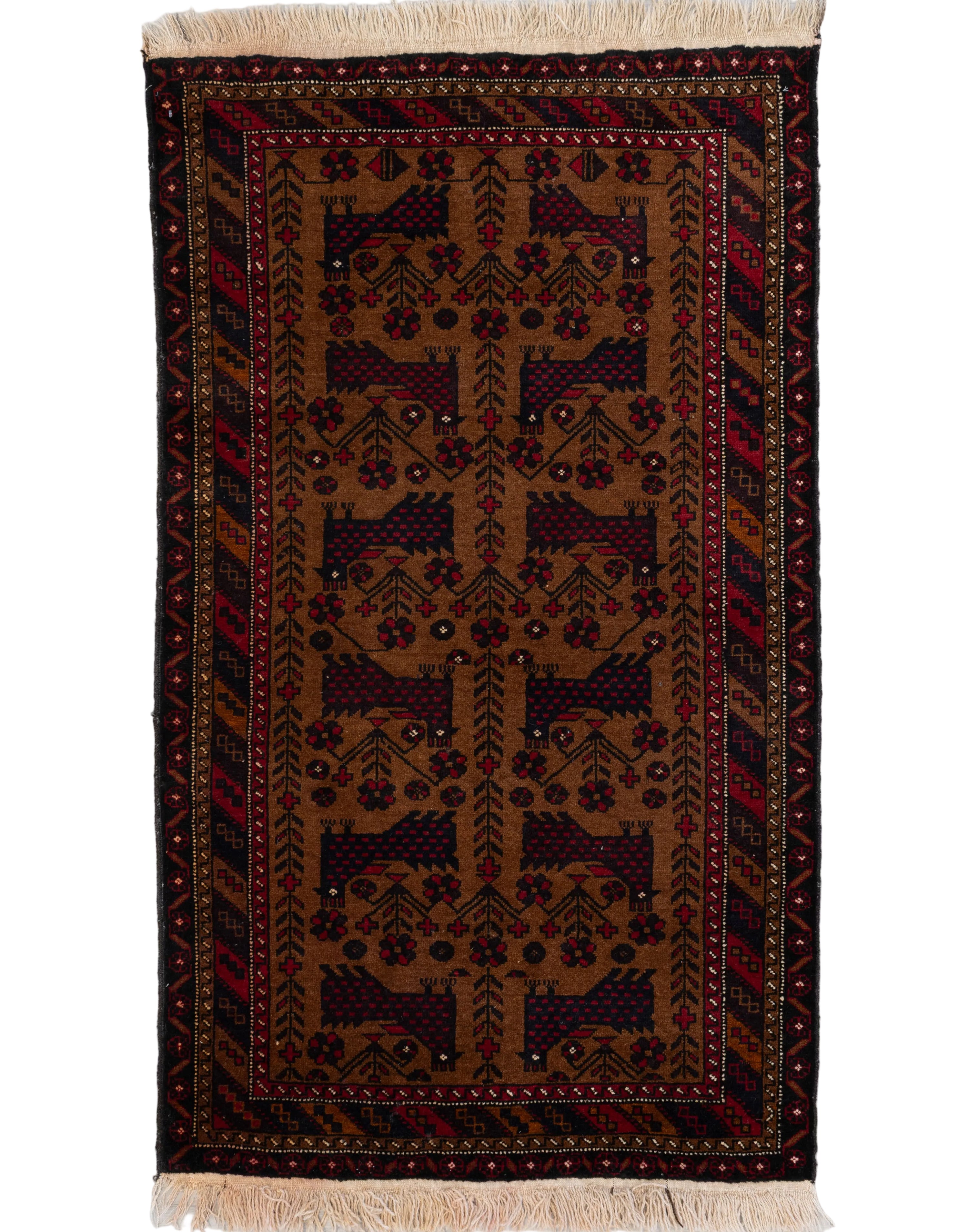 Rust brown hand-knotted Afghan Baluch wool rug with tribal geometric pattern, 3' x 5'.