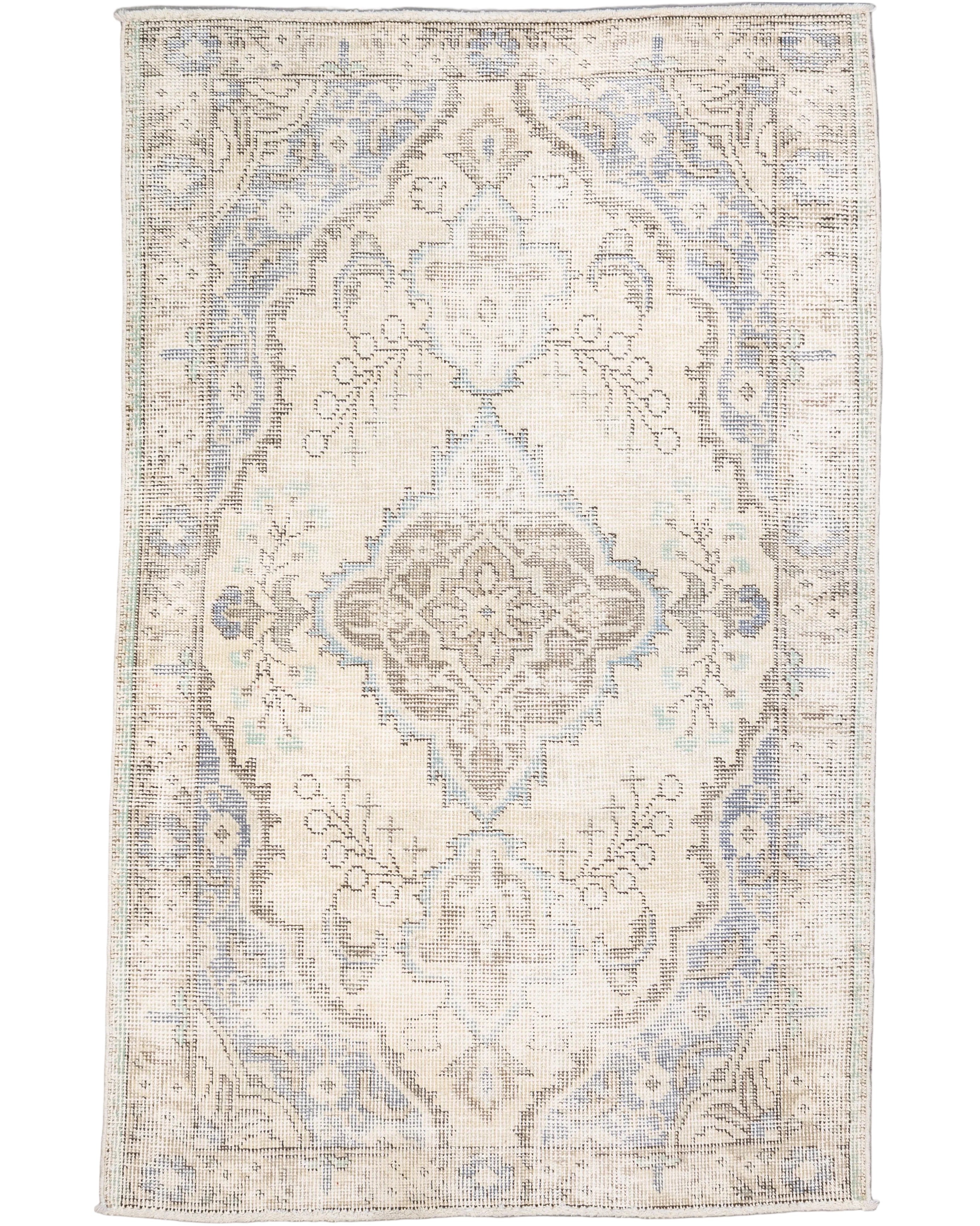 Ivory hand-knotted vintage Persian wool rug with faded taupe and blue medallion, 3'1" x 4'10".