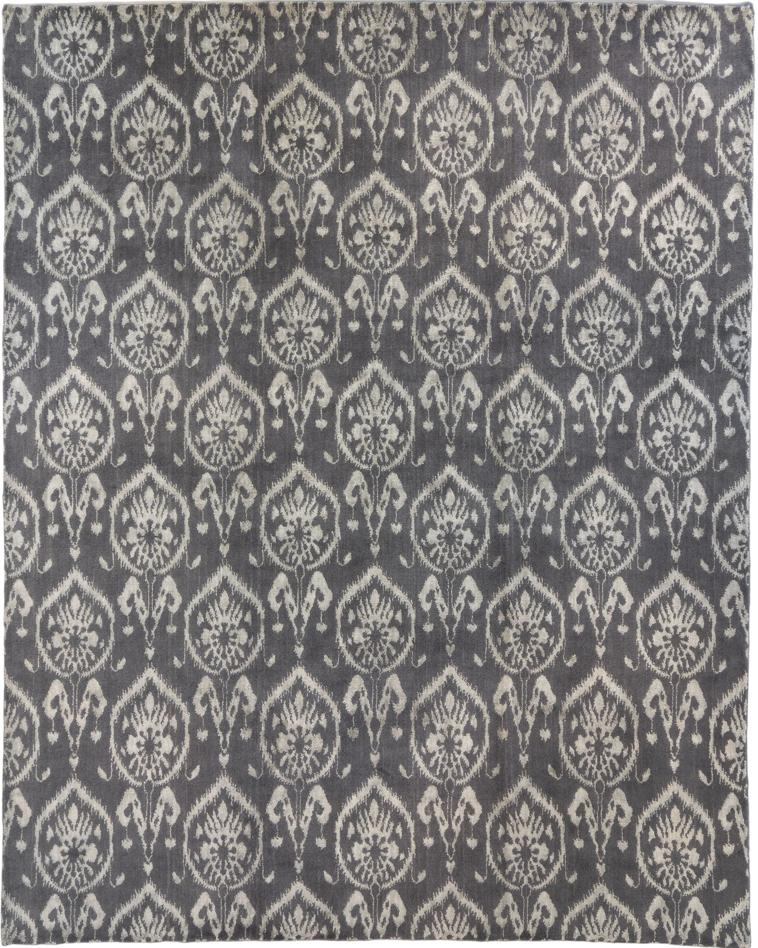 Handmade wool and bamboo silk gray ikat design rug. Transitional 8x10