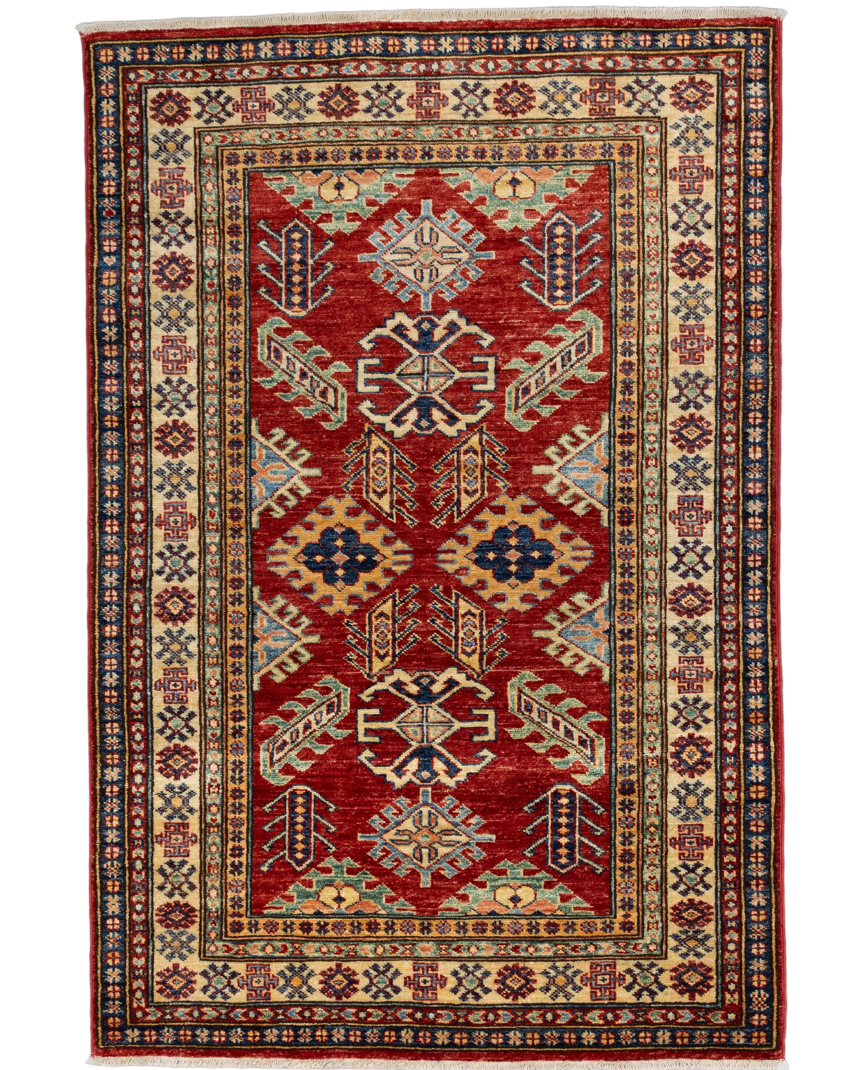 Red hand knotted Pakistani Kazak wool rug with geometric tribal medallions in ivory and gold, 3'3x4'1