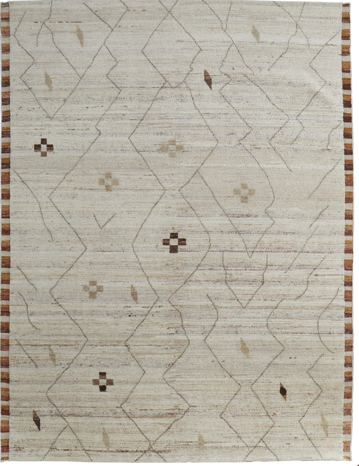Hand-knotted beige wool rug with rust and brown diamond lattice pattern, striped border, multiple sizes available.