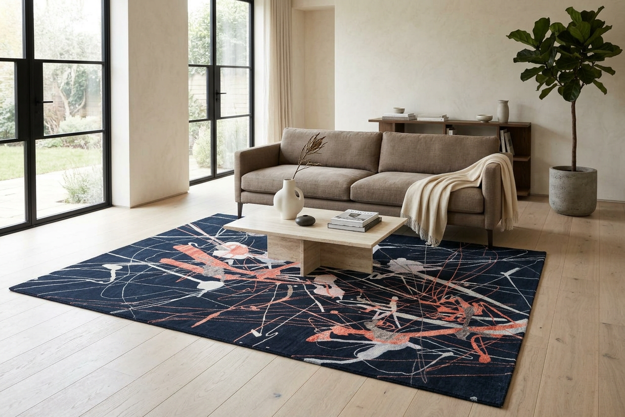 Living room with a modern rug, sofa, and coffee table.