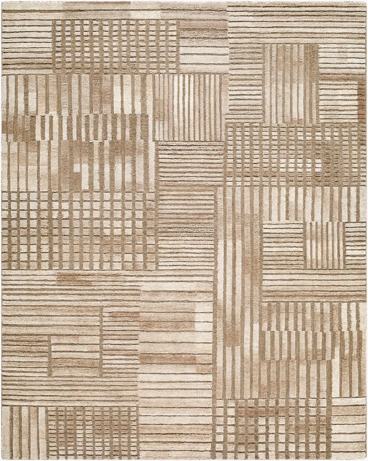 Sand and taupe handknotted wool rug with a patchwork directional stripe pattern, available in multiple sizes.
