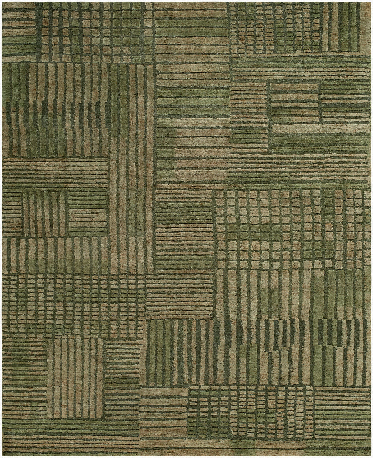 Moss green handknotted wool rug with a patchwork directional stripe pattern, available in multiple sizes.