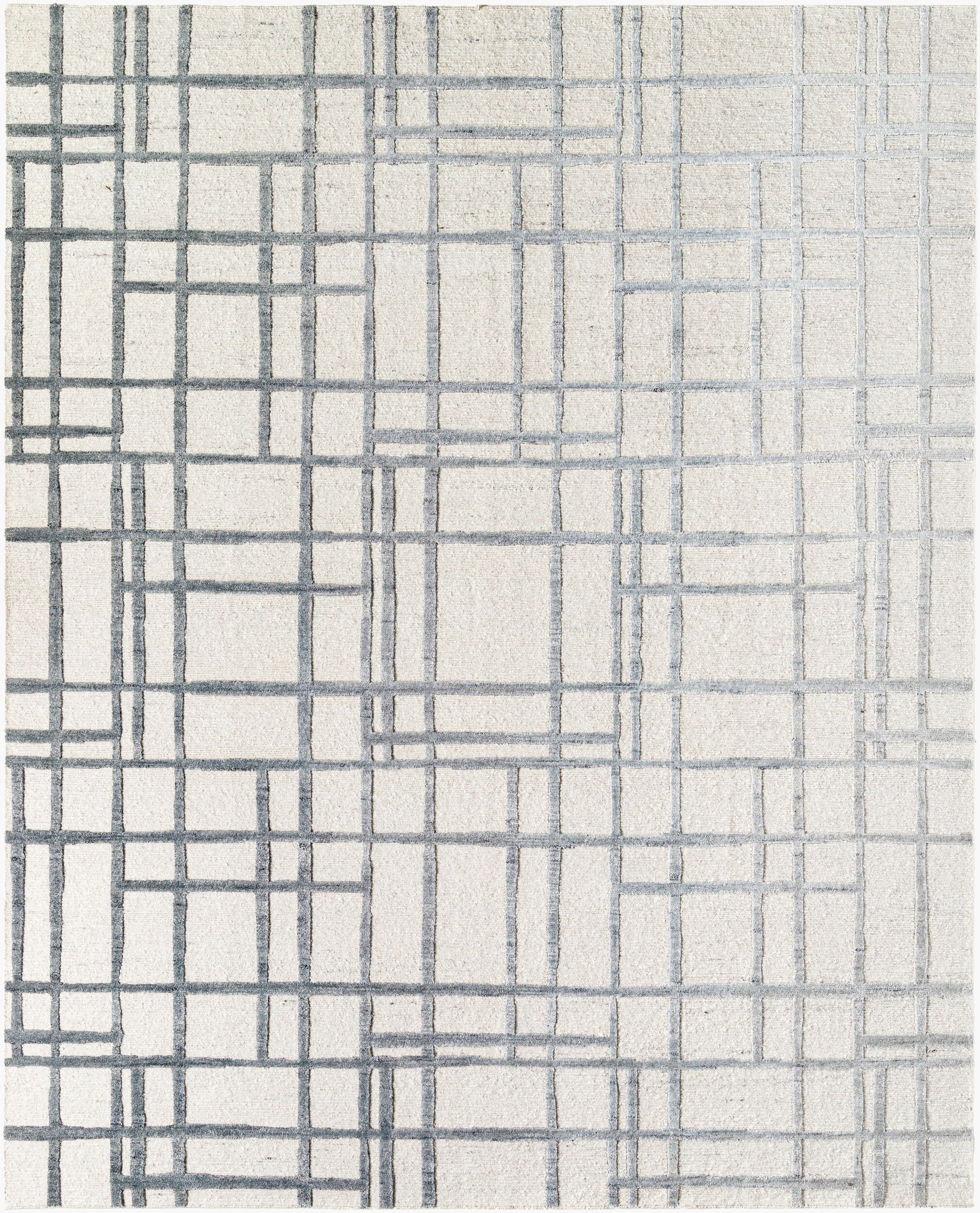 Ivory handknotted wool and bamboo silk rug with an asymmetric grey grid pattern that gradients from light to dark, available in multiple sizes.