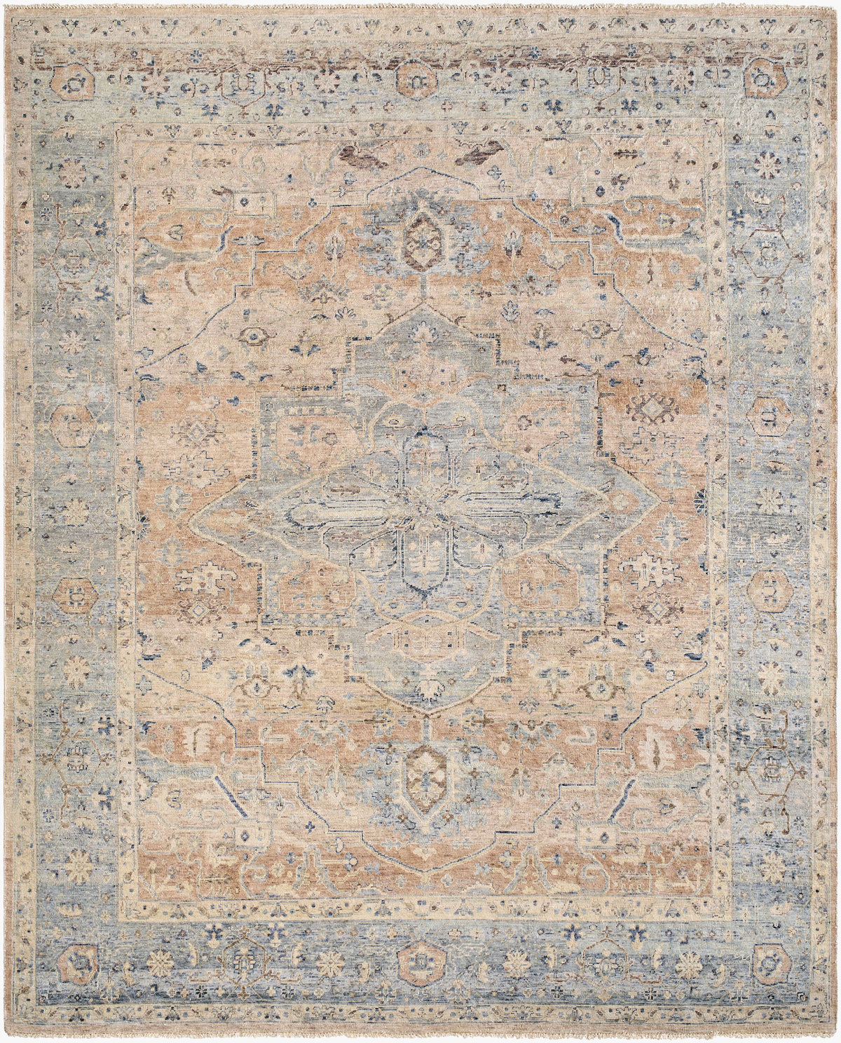 Beige hand-knotted 100% wool Heirloom | 5 rug with a distressed medallion pattern in blue, cream/ivory, brown, and gray, available in multiple sizes.