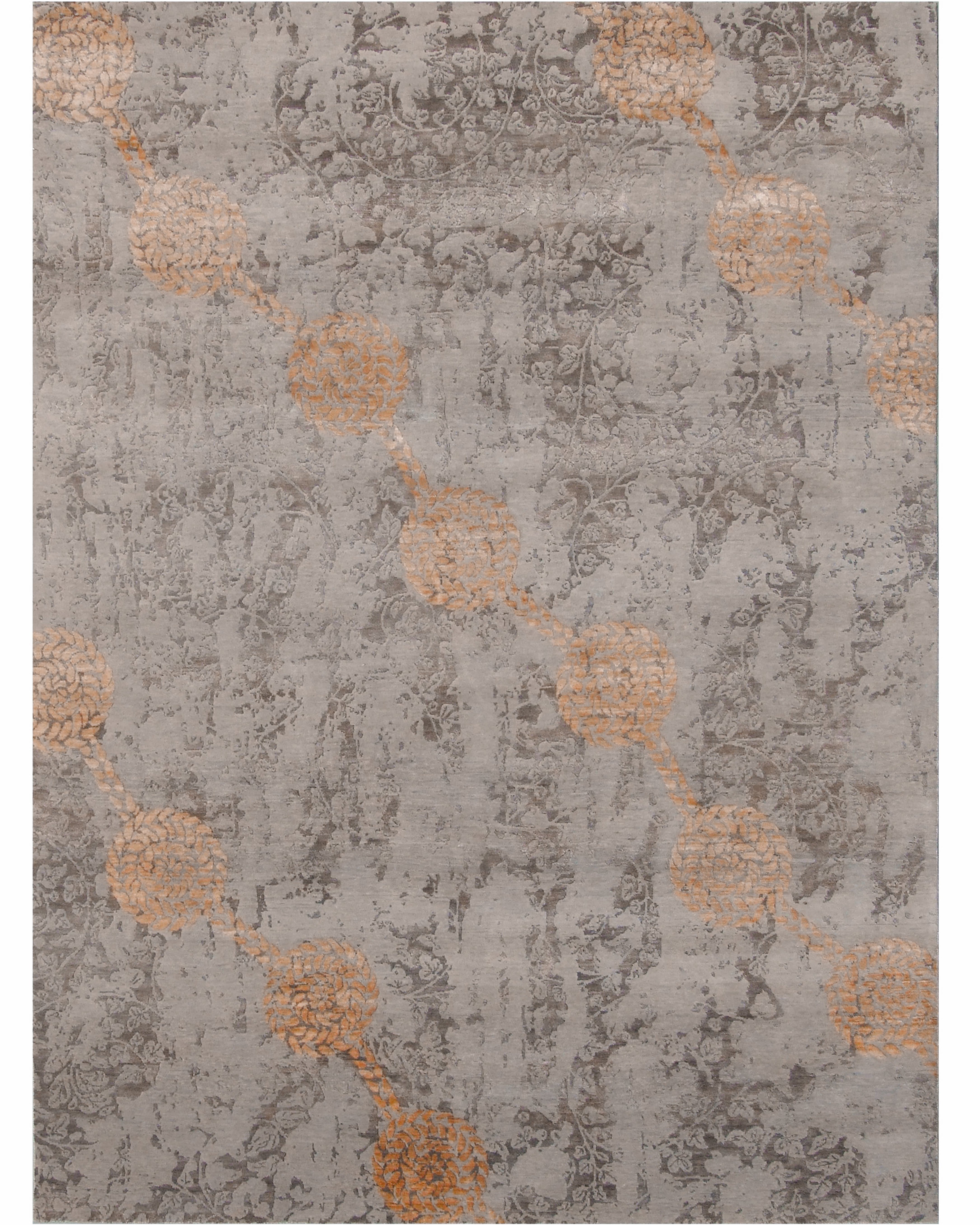 Hand-knotted gray wool and bamboo silk rug with copper rope medallion pattern over ghosted damask design.