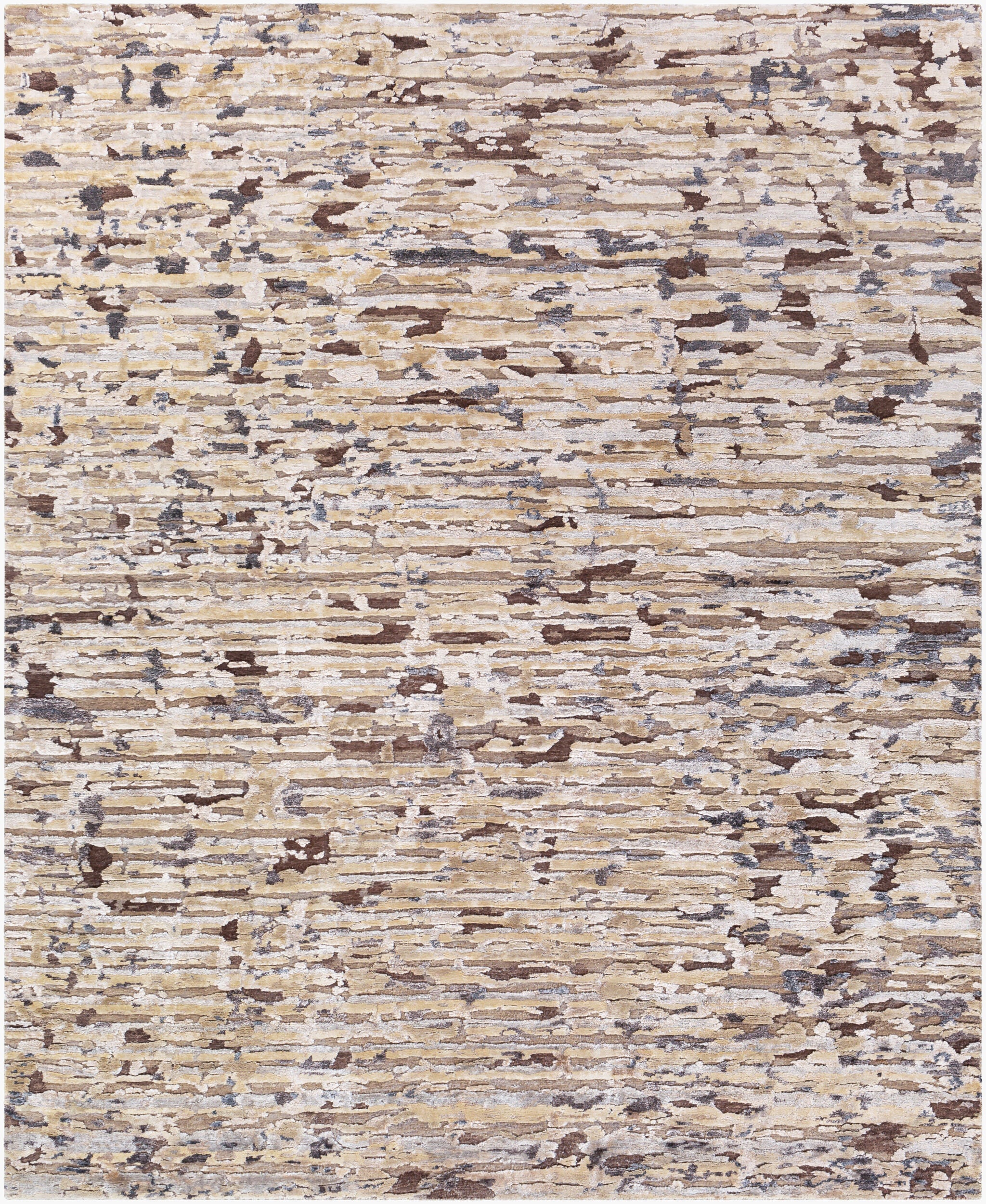 Hand-knotted gold wool, silk, and bamboo silk rug with striated brown and slate abstract pattern, multiple sizes available.