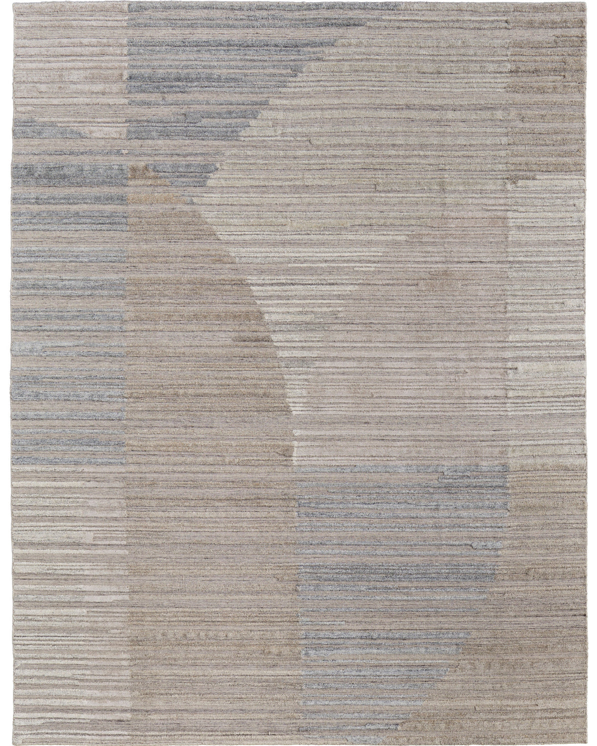 Taupe and blue-grey handwoven wool and bamboo silk rug with a fine striated stripe pattern, shown in a living room setting.
