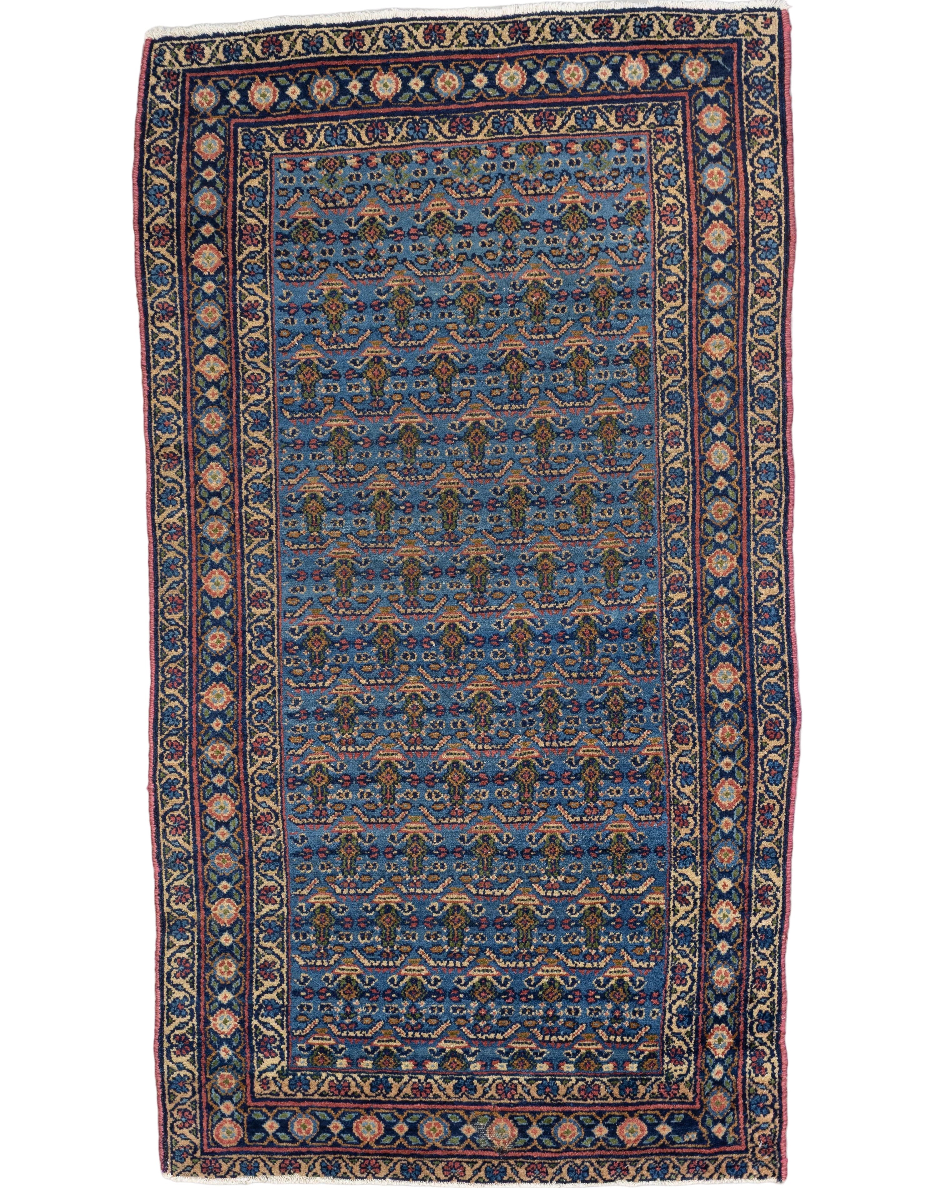 Sky-blue hand-knotted vintage Persian wool rug with navy floral vine border, 3' x 5'.