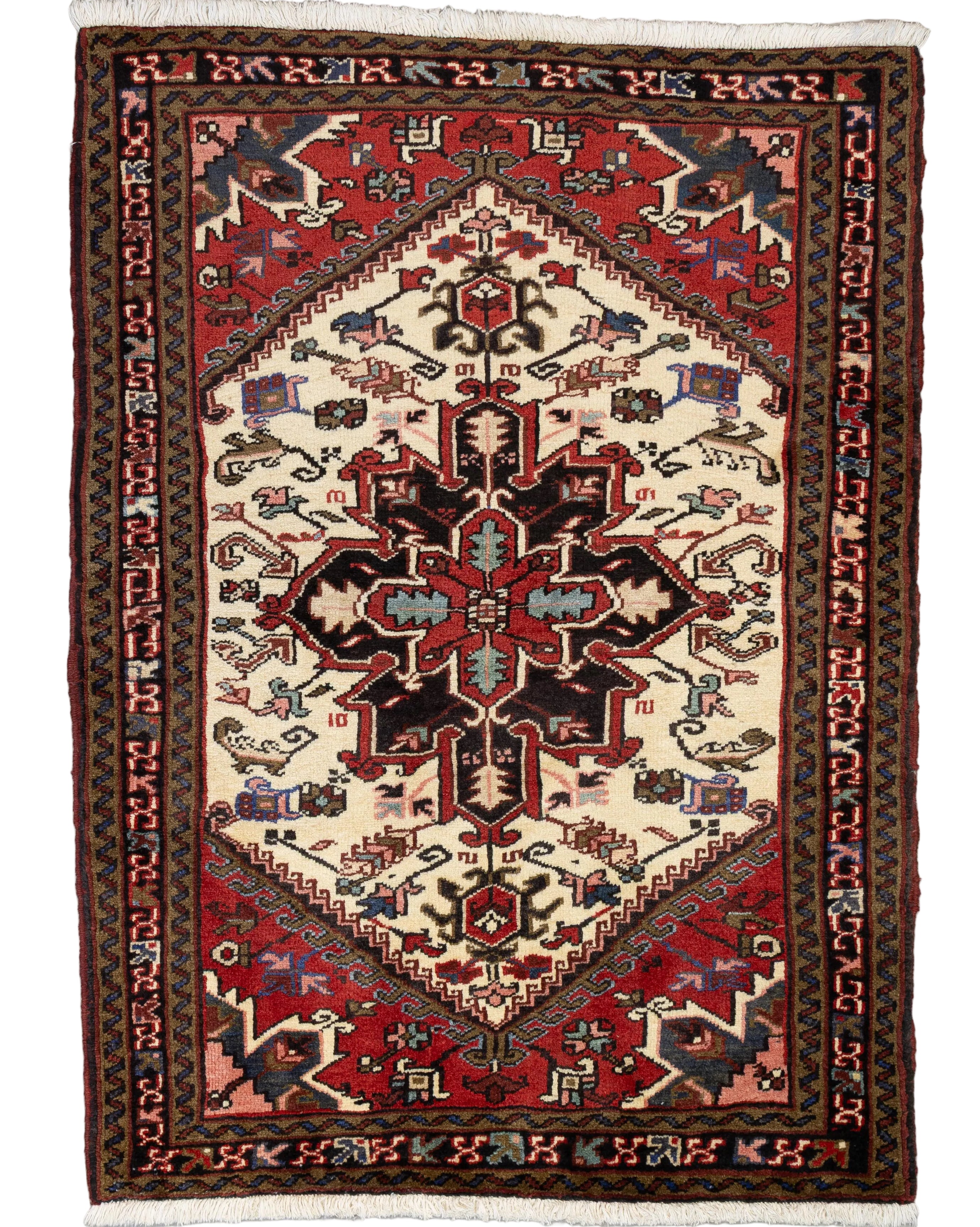Ivory hand-knotted Persian Heriz wool rug with jagged medallion and brick red corners, 3' x 5'.