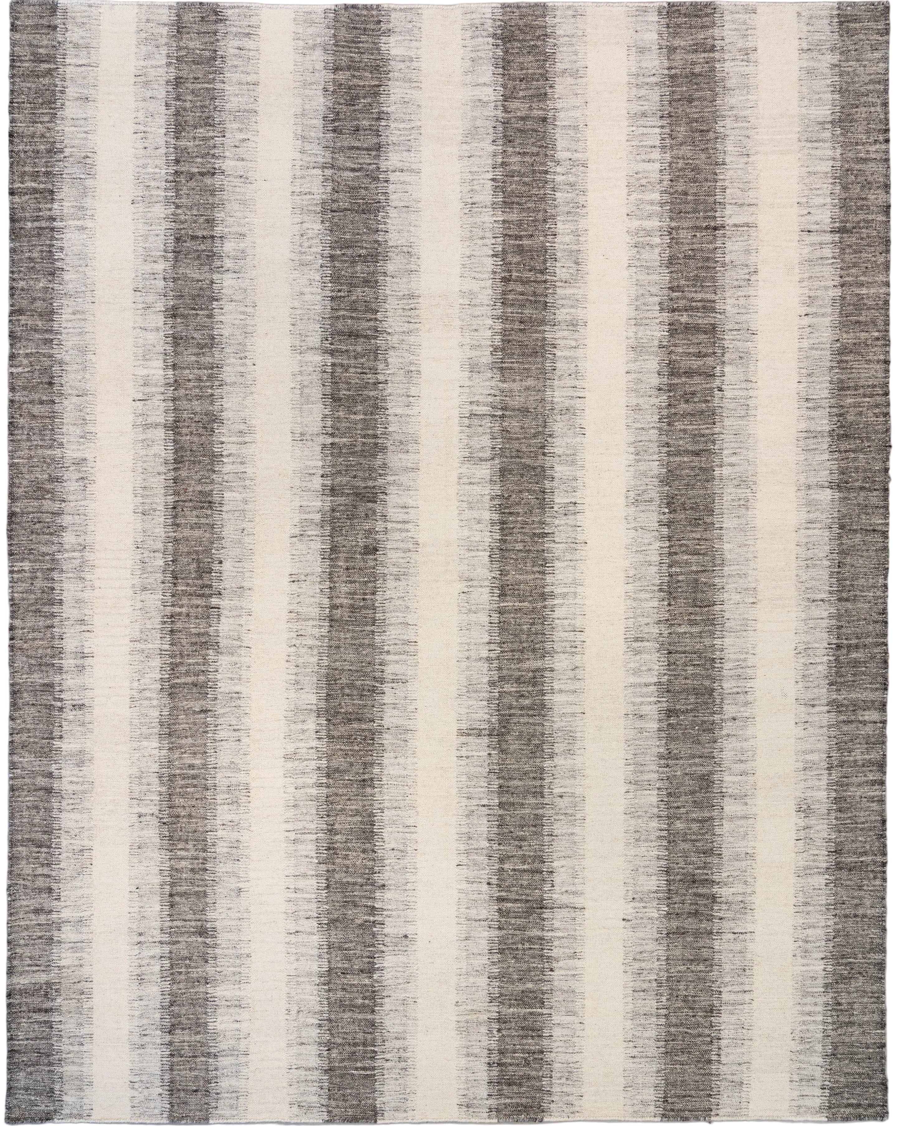 Hand-woven ivory and charcoal wool modern stripe rug with a natural heathered texture and horizontal banding, 8' x 10', made in India.